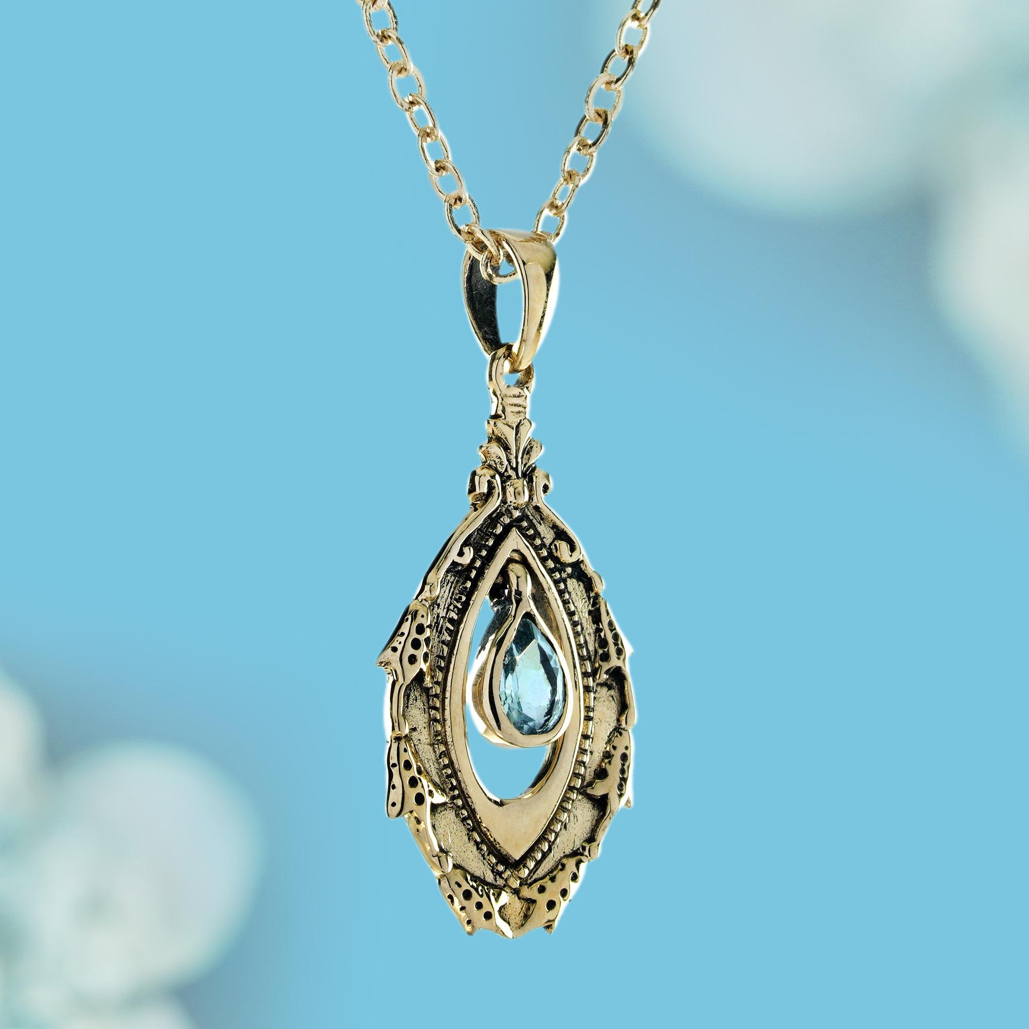 Edwardian Blue Topaz Vintage Victorian Style Drop Pendant in Solid 9K Yellow Gold For Sale
