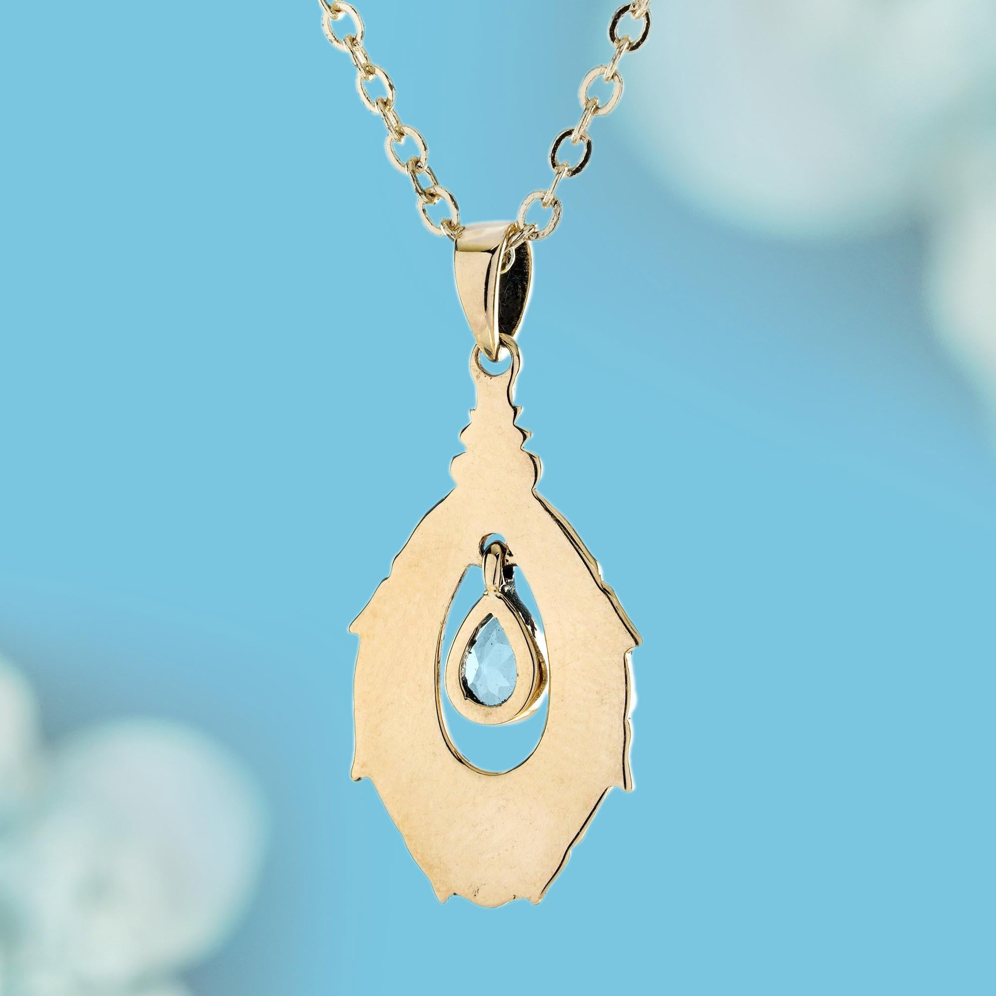 Pear Cut Blue Topaz Vintage Victorian Style Drop Pendant in Solid 9K Yellow Gold For Sale