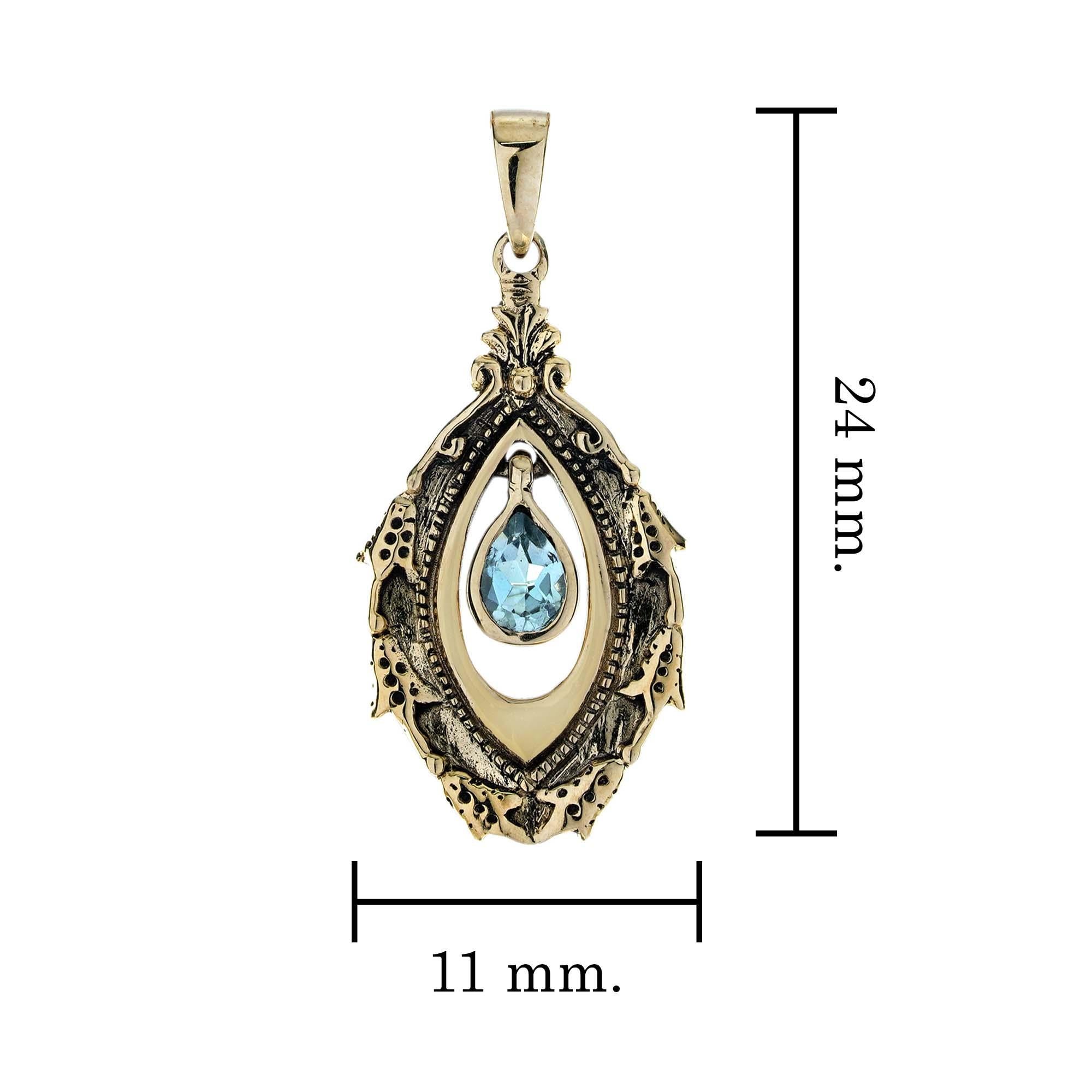 Blue Topaz Vintage Victorian Style Drop Pendant in Solid 9K Yellow Gold In New Condition For Sale In Bangkok, TH