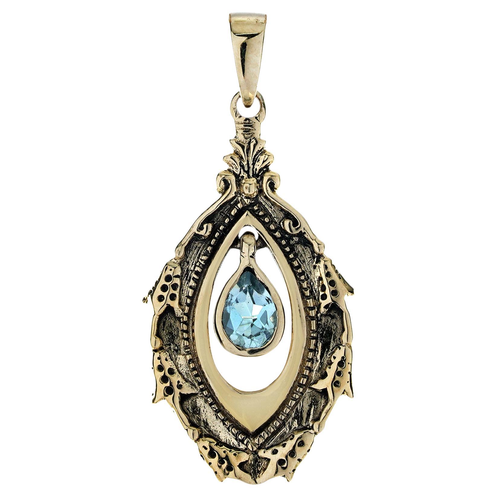 Blue Topaz Vintage Victorian Style Drop Pendant in Solid 9K Yellow Gold