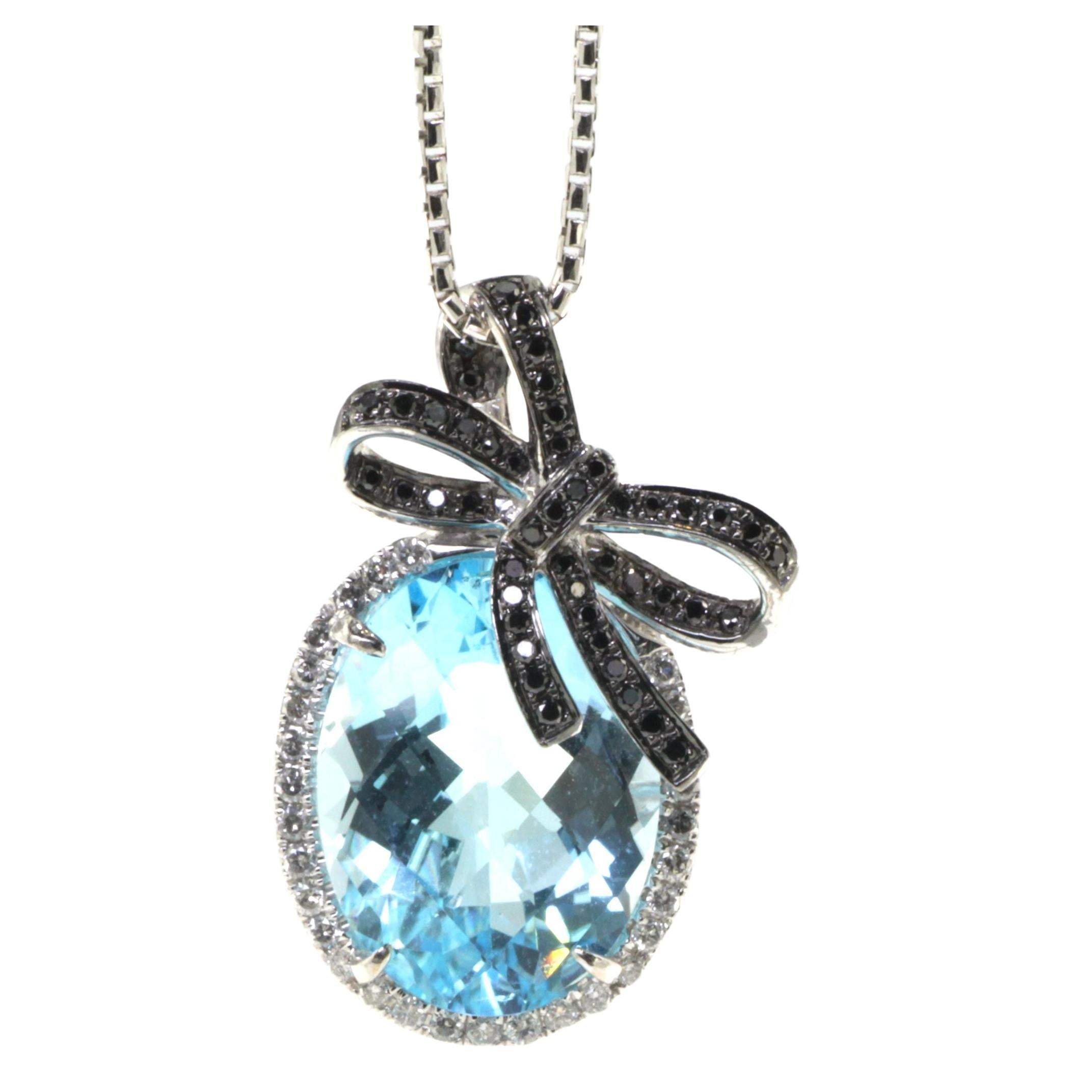 Blue Topaz White Diamond Black Diamond Pendant in 18 Karat White Gold For Sale