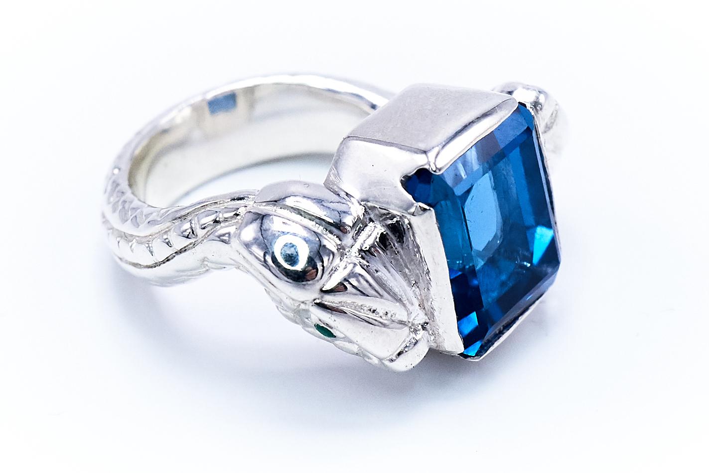 Baguette Cut Blue Topaz White Diamond Emerald Silver Snake Ring For Sale