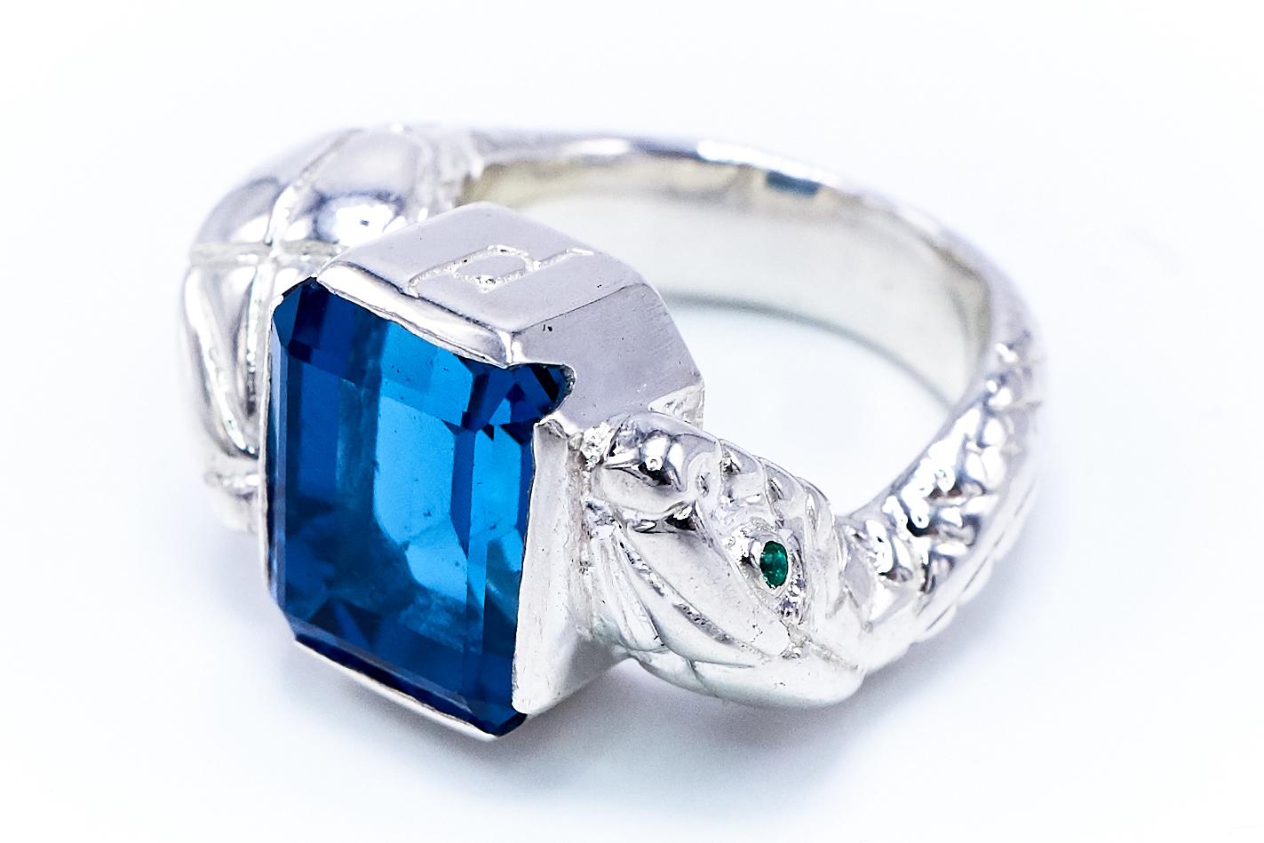 Blue Topaz White Diamond Emerald Silver Snake Ring For Sale 1