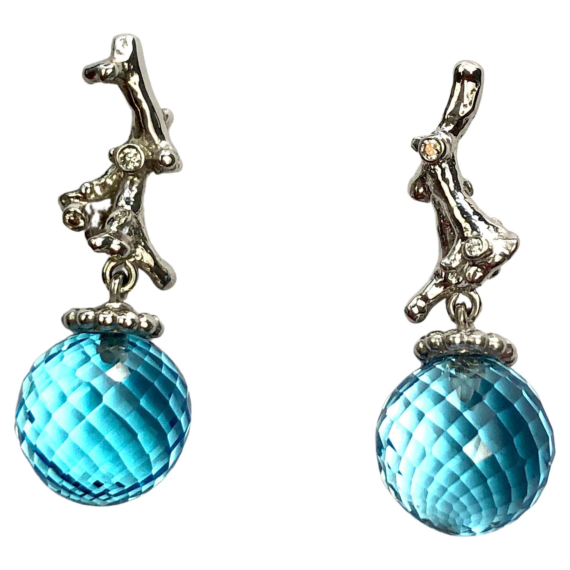 Blue Topaz & White Gold Diamond Earrings For Sale