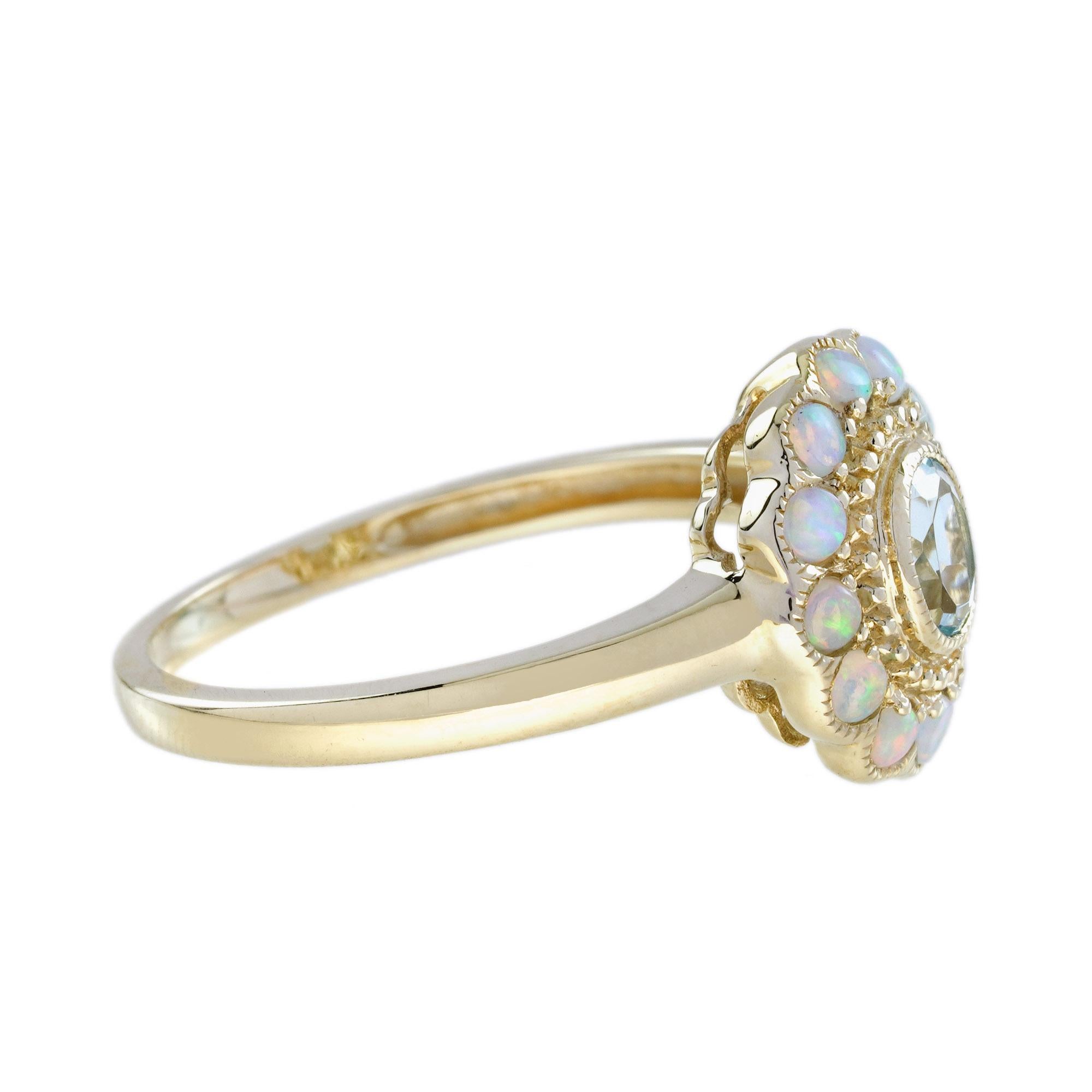 Blauer Topas & Weißer Opal Halo Set Vintage Style Floral Halo Gelbgold Ring (Edwardian) im Angebot