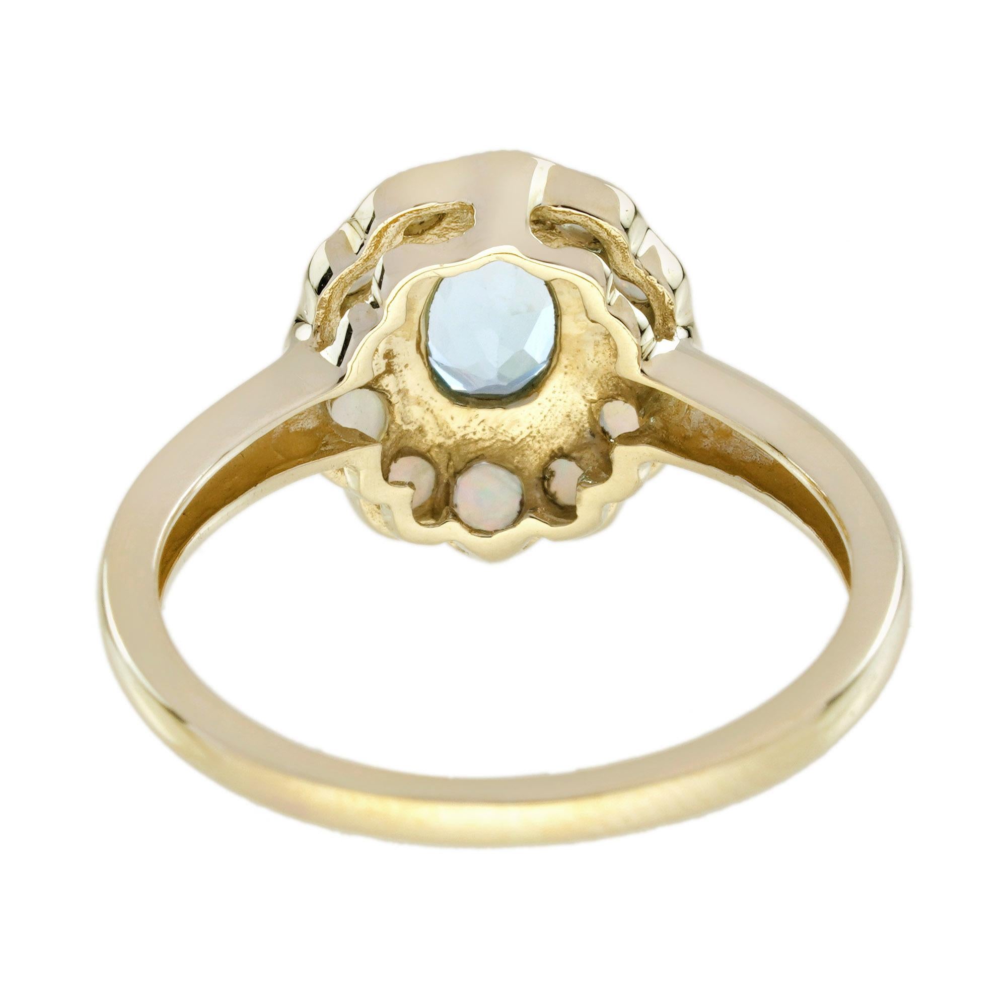 Blauer Topas & Weißer Opal Halo Set Vintage Style Floral Halo Gelbgold Ring (Ovalschliff) im Angebot