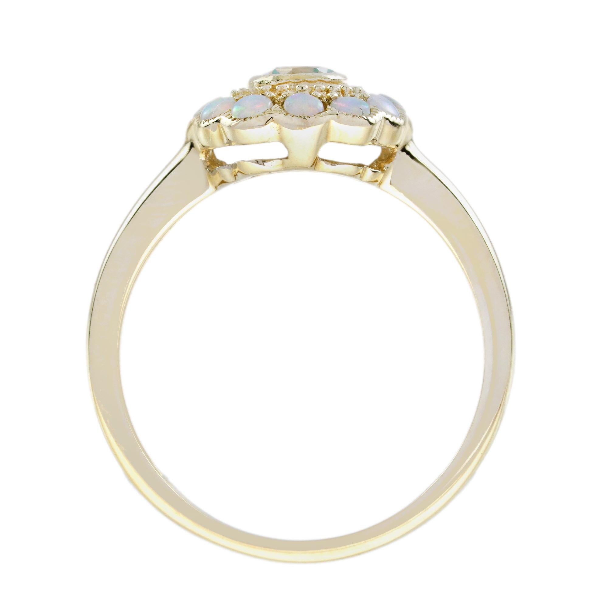 Blauer Topas & Weißer Opal Halo Set Vintage Style Floral Halo Gelbgold Ring im Zustand „Neu“ im Angebot in Oakton, VA
