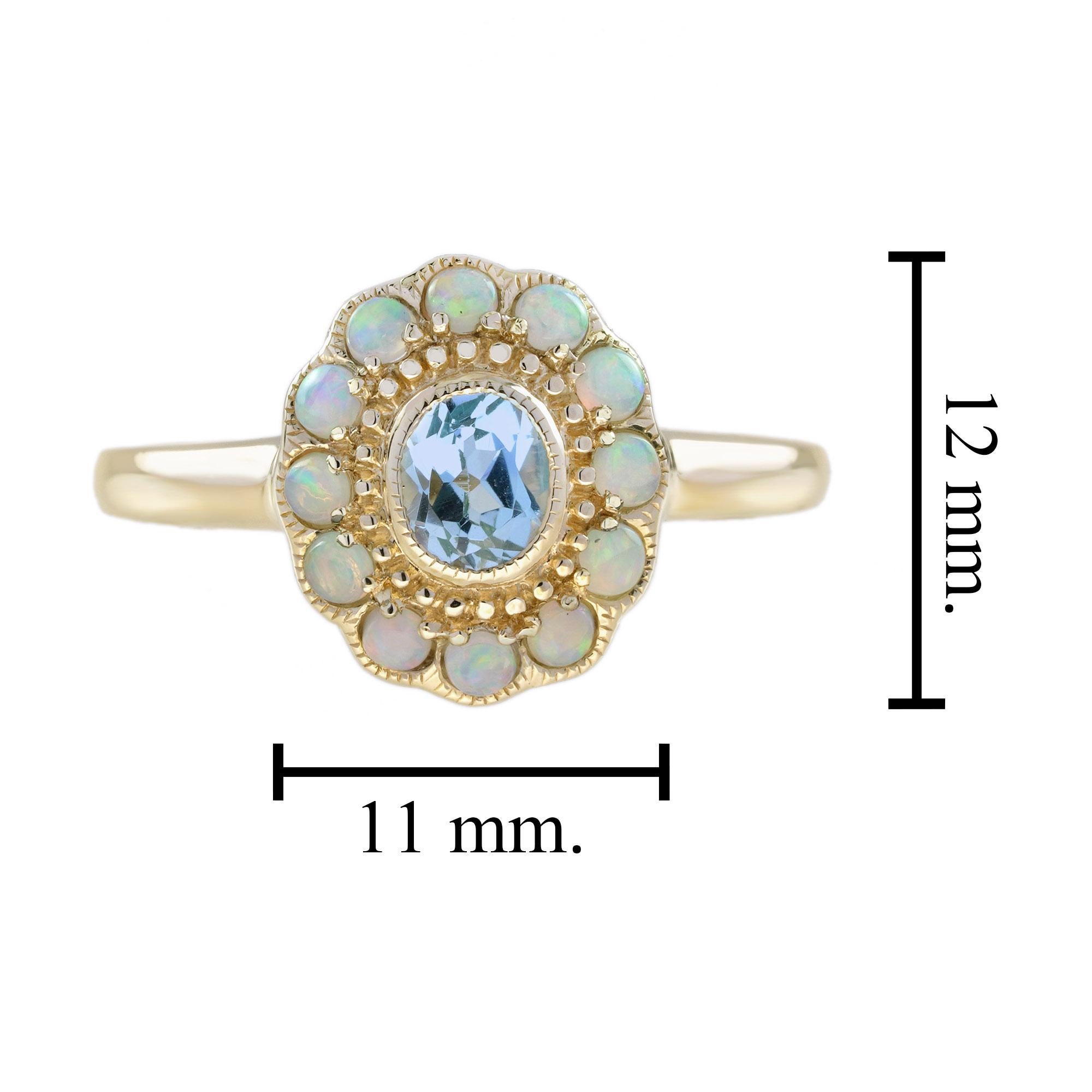 Blauer Topas & Weißer Opal Halo Set Vintage Style Floral Halo Gelbgold Ring im Angebot 2