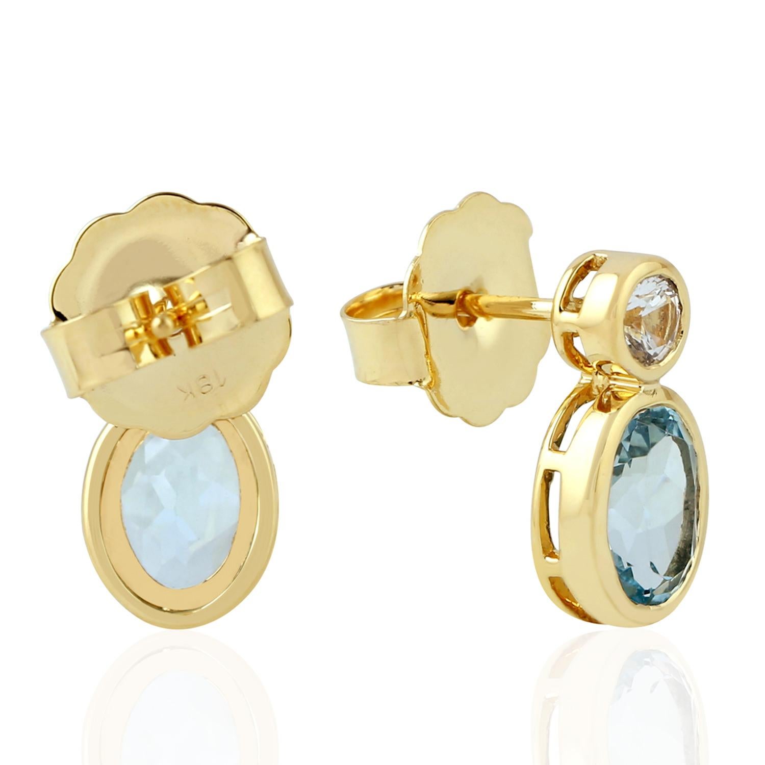 Artisan Blue Topaz & White Sapphire Minimal Stud Earrings Made In 18k Yellow Gold For Sale