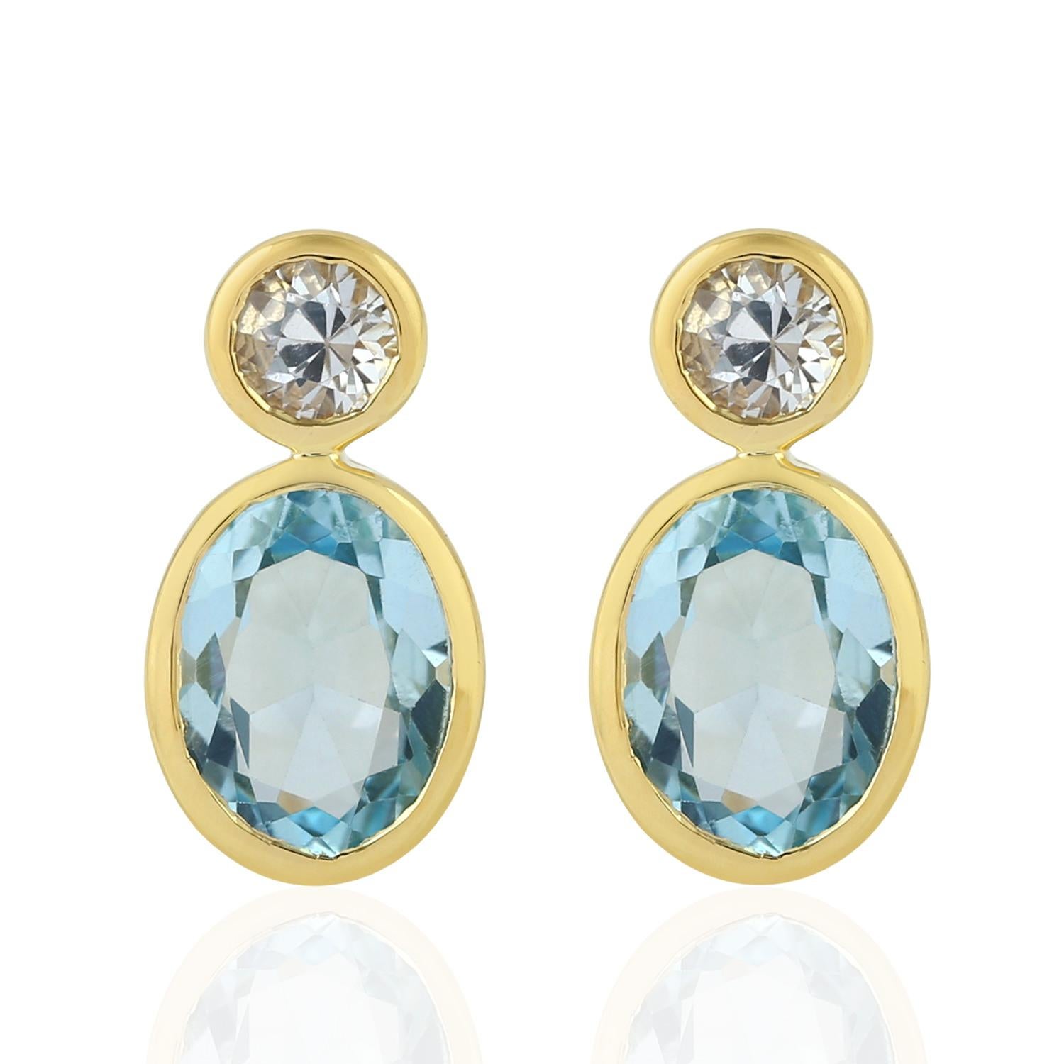 Mixed Cut Blue Topaz & White Sapphire Minimal Stud Earrings Made In 18k Yellow Gold For Sale