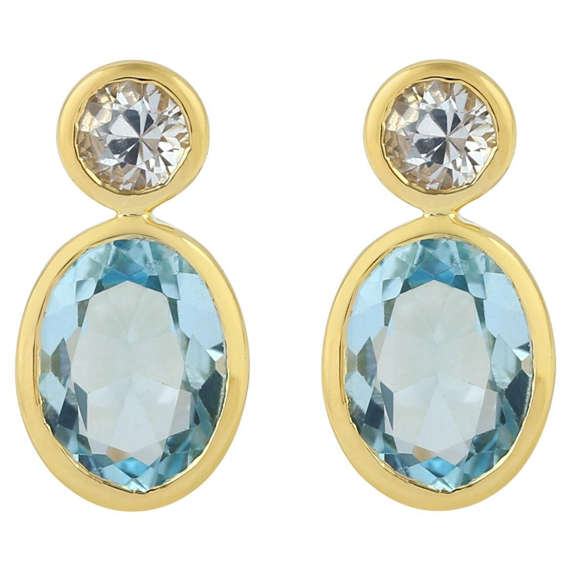 Blue Topaz & White Sapphire Minimal Stud Earrings Made In 18k Yellow Gold For Sale
