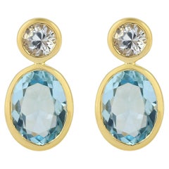 Blue Topaz & White Sapphire Minimal Stud Earrings Made In 18k Yellow Gold