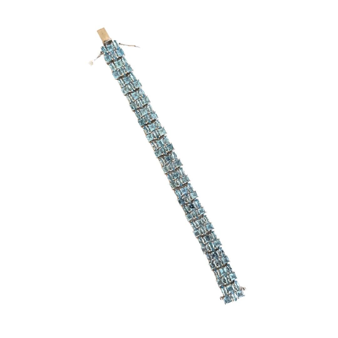 Modernist Blue Topaz Wide Cocktail Tennis Engagement Bracelet in 925 Sterling Silver For Sale