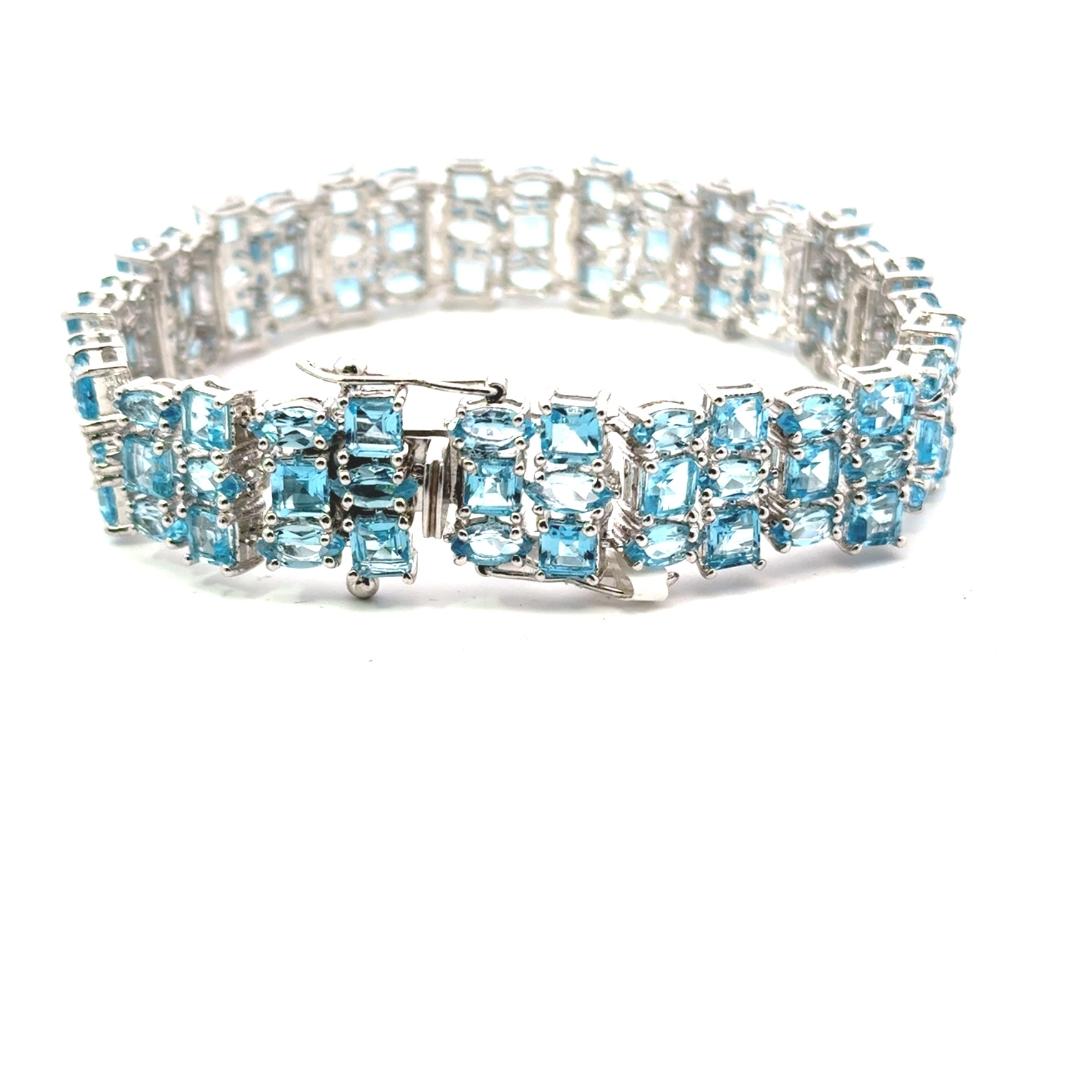 Mixed Cut Blue Topaz Wide Cocktail Tennis Engagement Bracelet in 925 Sterling Silver For Sale