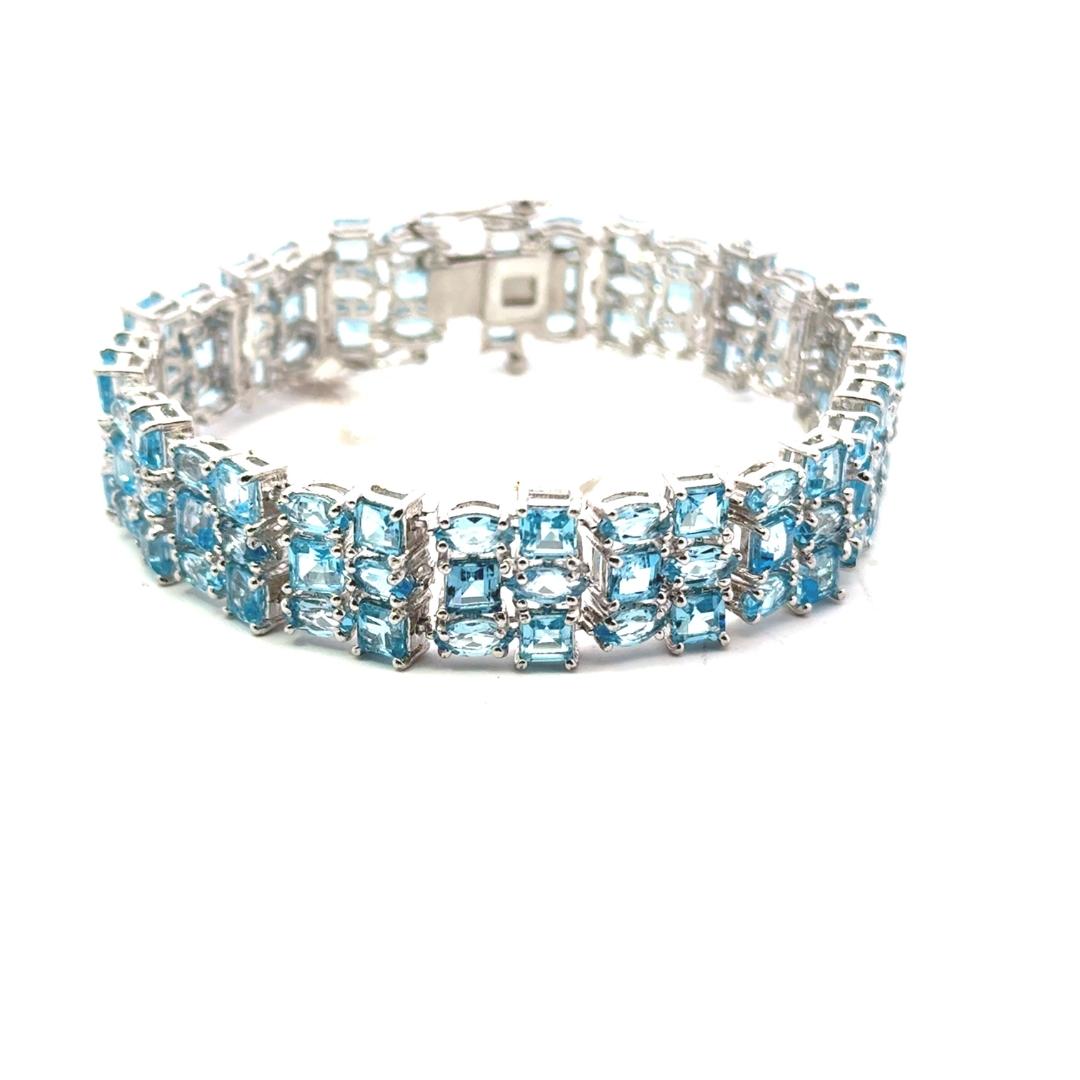 Blue Topaz Wide Cocktail Tennis Engagement Bracelet in 925 Sterling Silver In New Condition For Sale In New York, NY