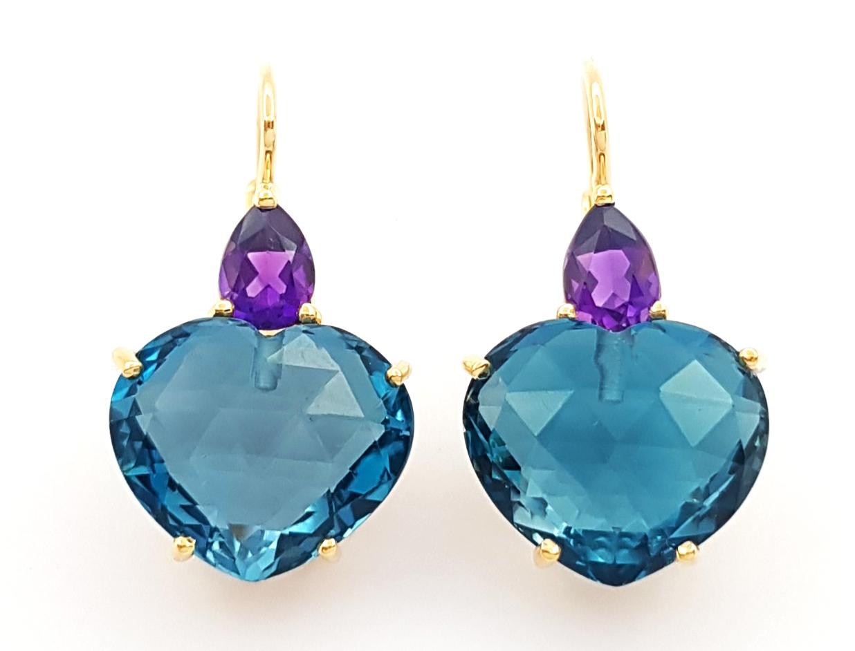 Contemporain Boucles d'oreilles Topaze bleue et Améthyste montées sur or 18K en vente