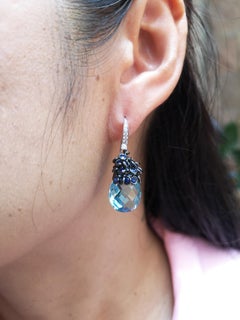 Blue Topaz with Blue Sapphire and Diamond Earrings Set in 18 Karat White Gold