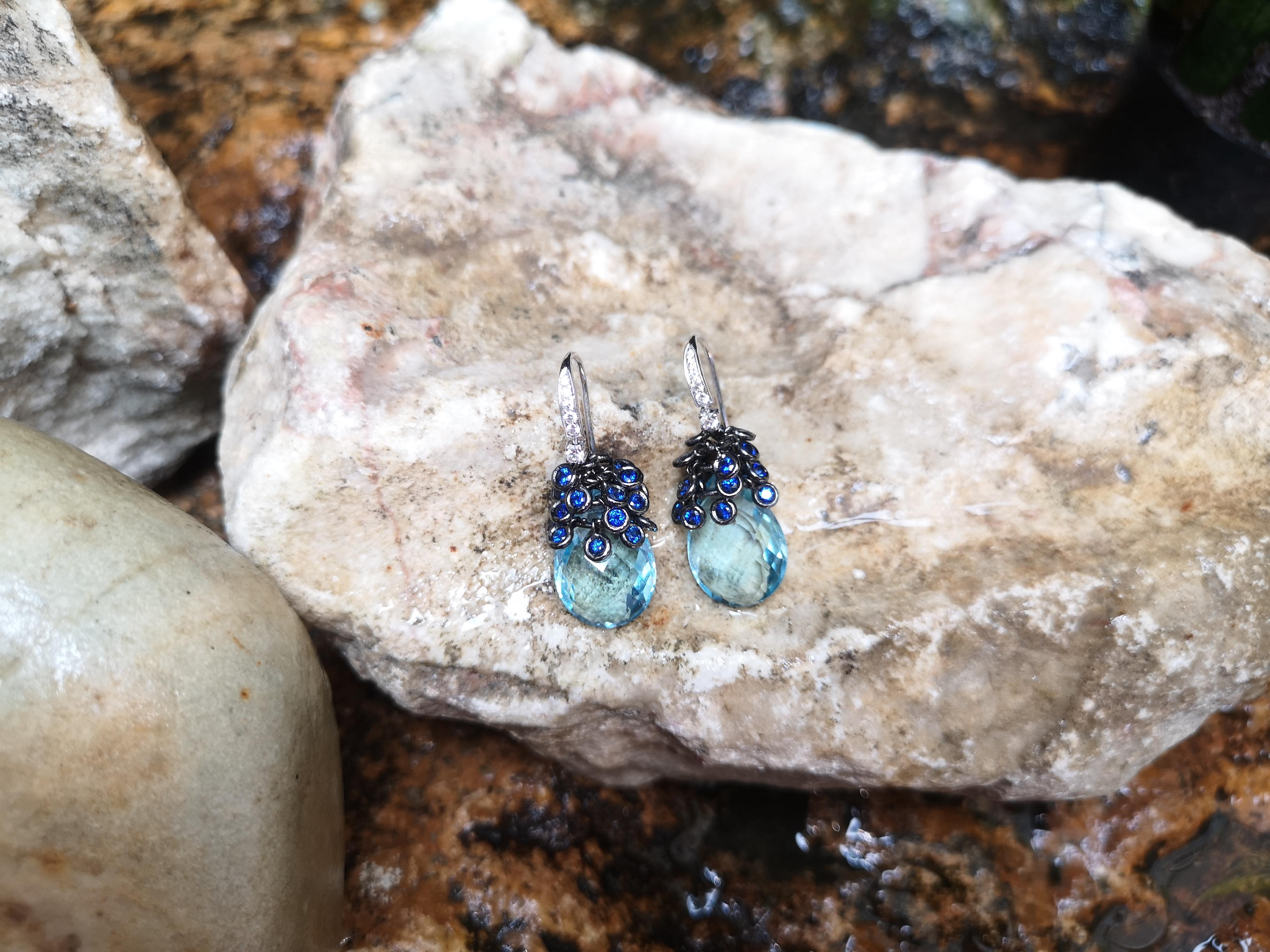 Contemporary Blue Topaz with Blue Sapphire and Diamond Earrings Set in 18 Karat White Gold For Sale