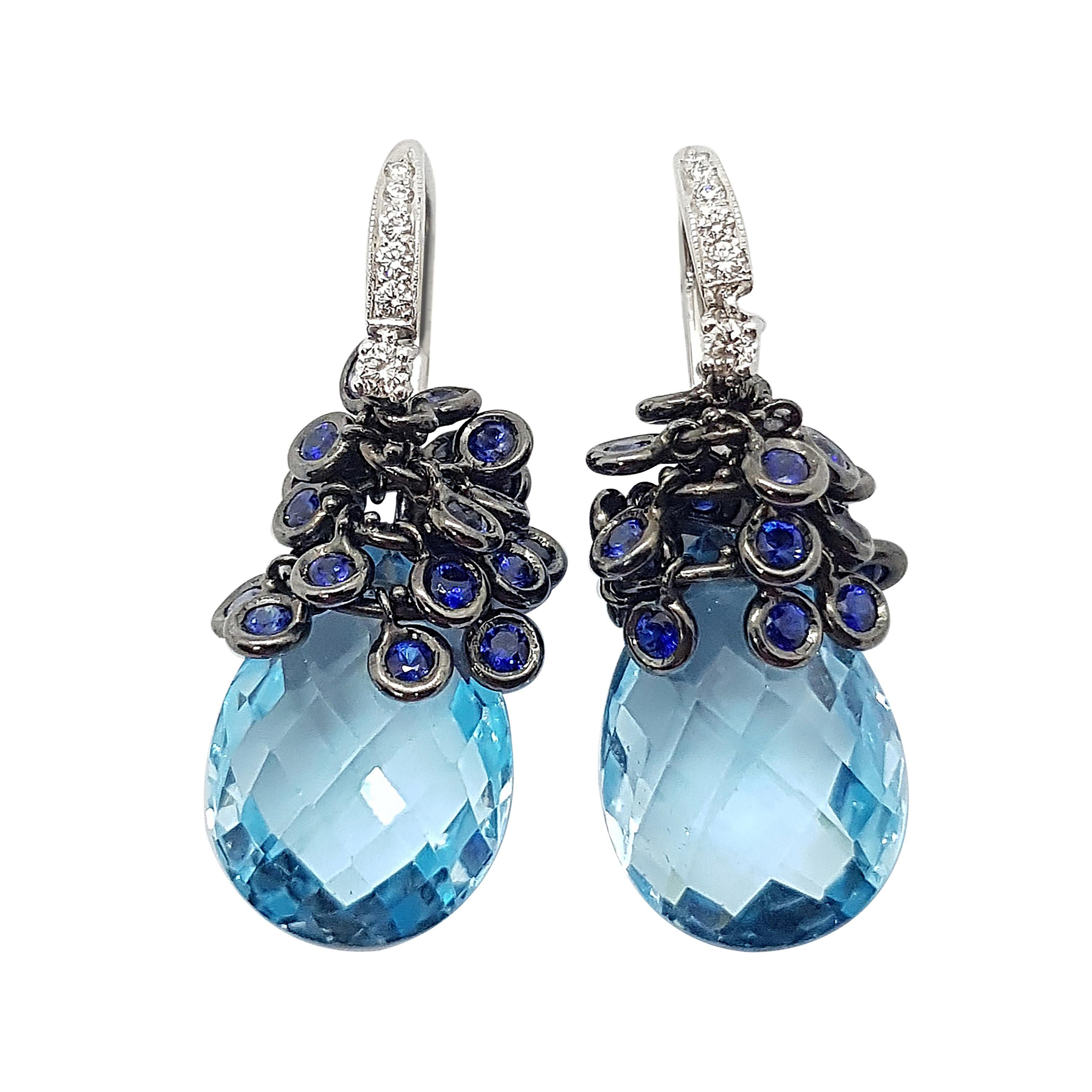 Blue Topaz with Blue Sapphire and Diamond Earrings Set in 18 Karat White Gold For Sale