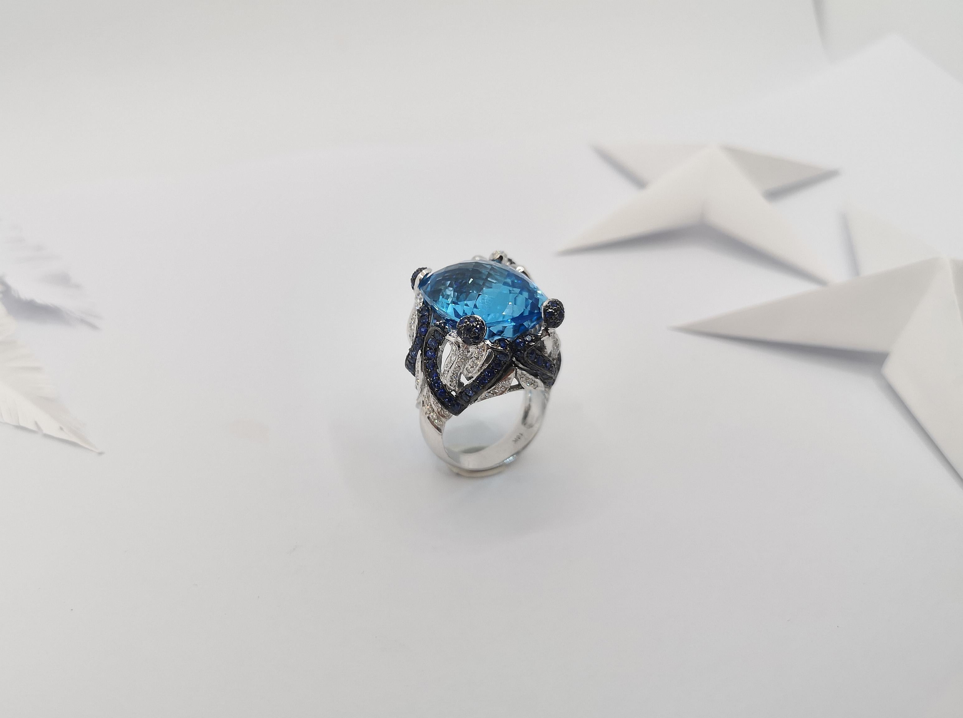 Blue Topaz with Blue Sapphire and Diamond Ring in 18 Karat White Gold Settings For Sale 2