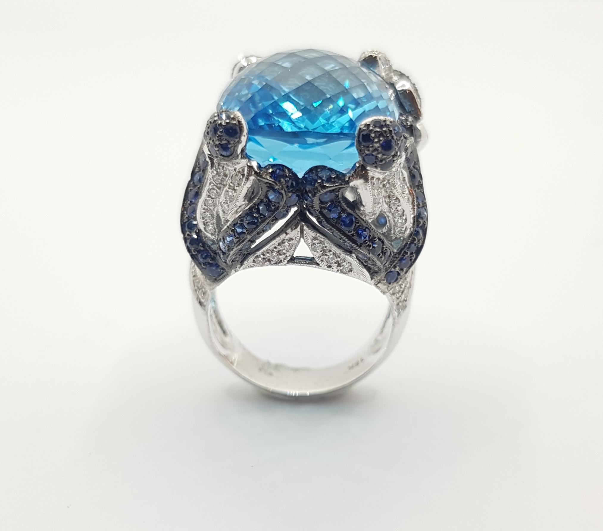 Blue Topaz with Blue Sapphire and Diamond Ring in 18 Karat White Gold Settings For Sale 3