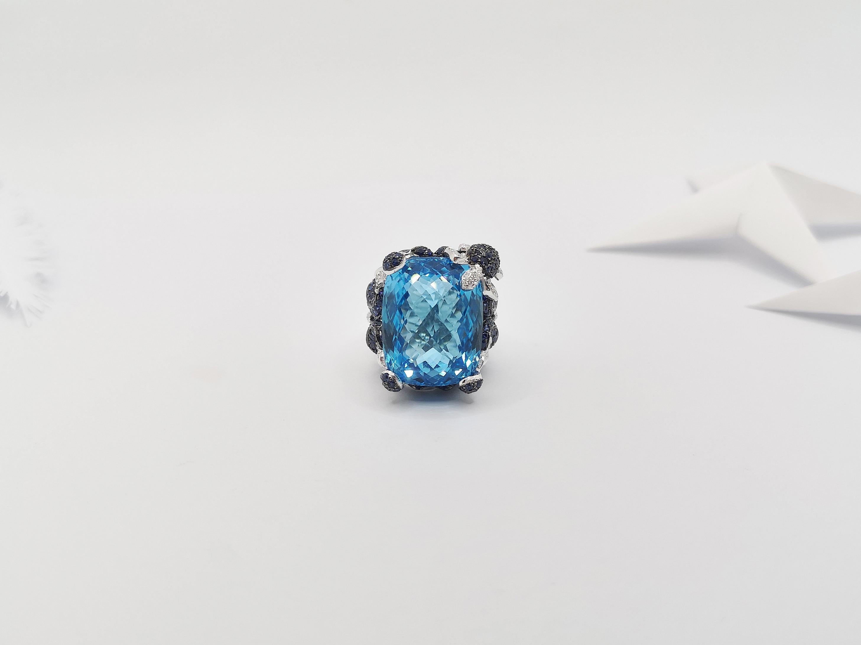 Blue Topaz with Blue Sapphire and Diamond Ring in 18 Karat White Gold Settings For Sale 4