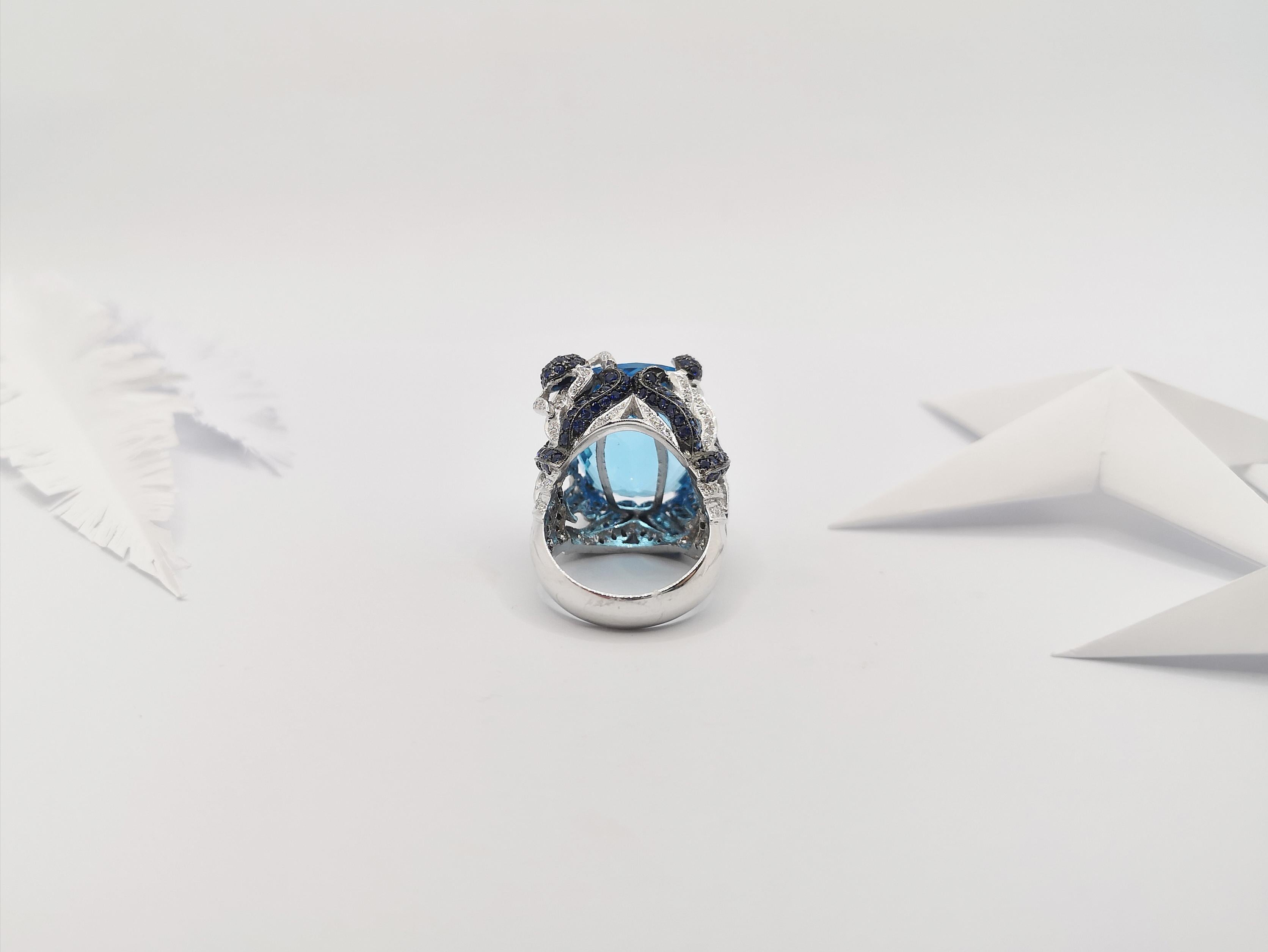 Blue Topaz with Blue Sapphire and Diamond Ring in 18 Karat White Gold Settings For Sale 6