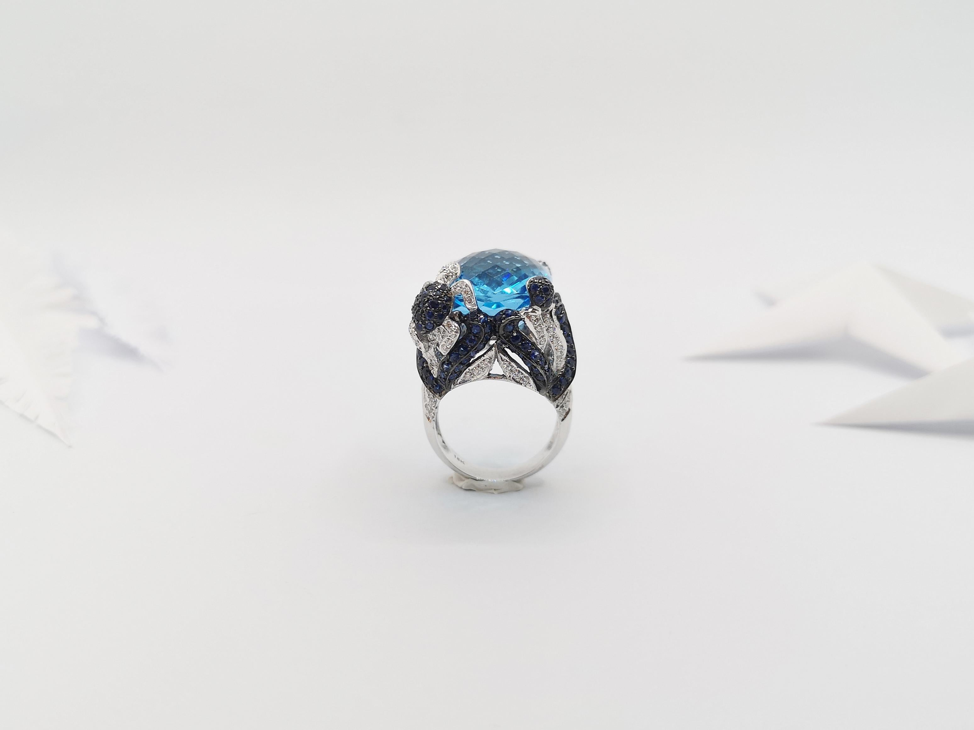 Blue Topaz with Blue Sapphire and Diamond Ring in 18 Karat White Gold Settings For Sale 7