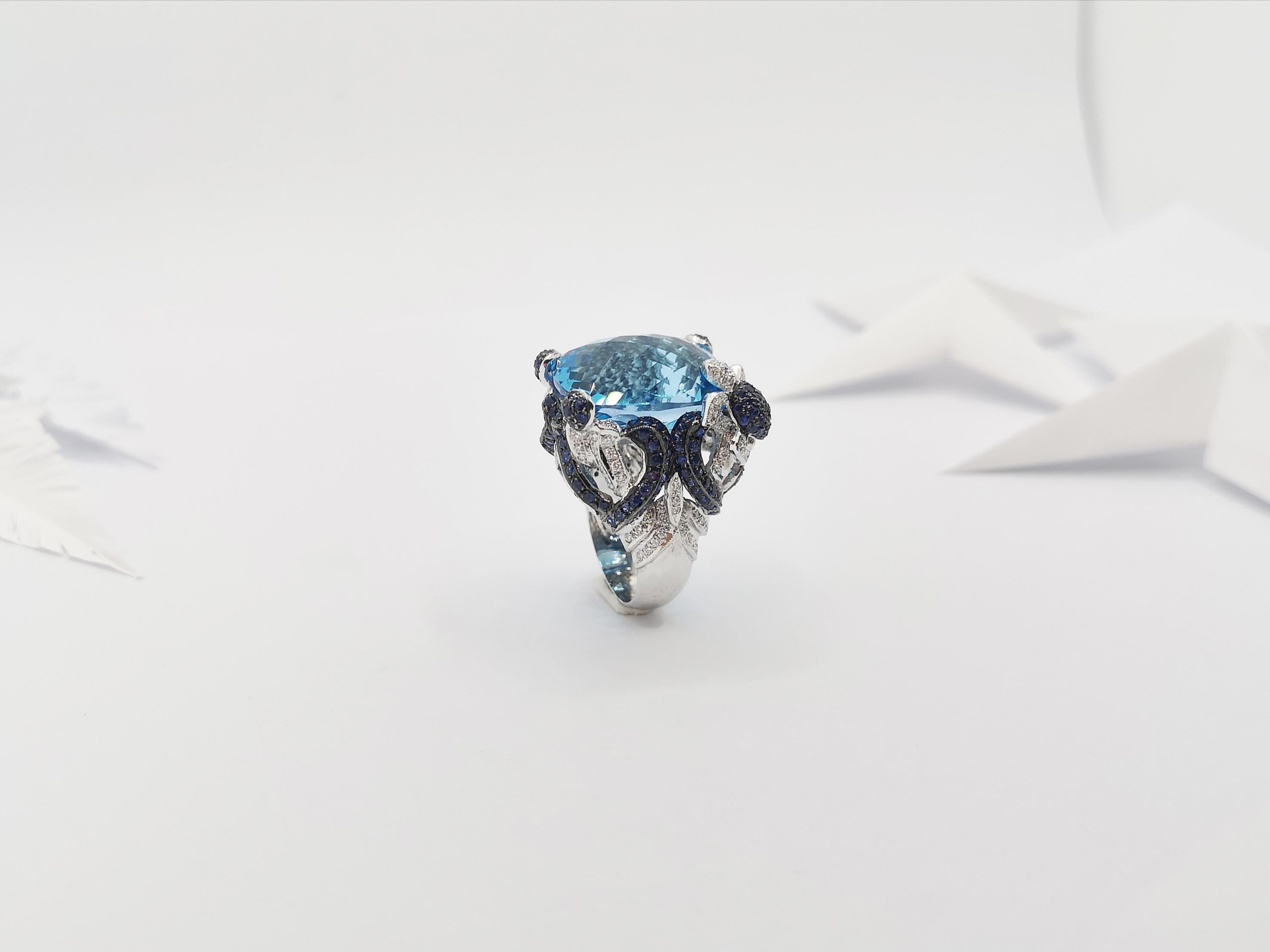 Blue Topaz with Blue Sapphire and Diamond Ring in 18 Karat White Gold Settings For Sale 9