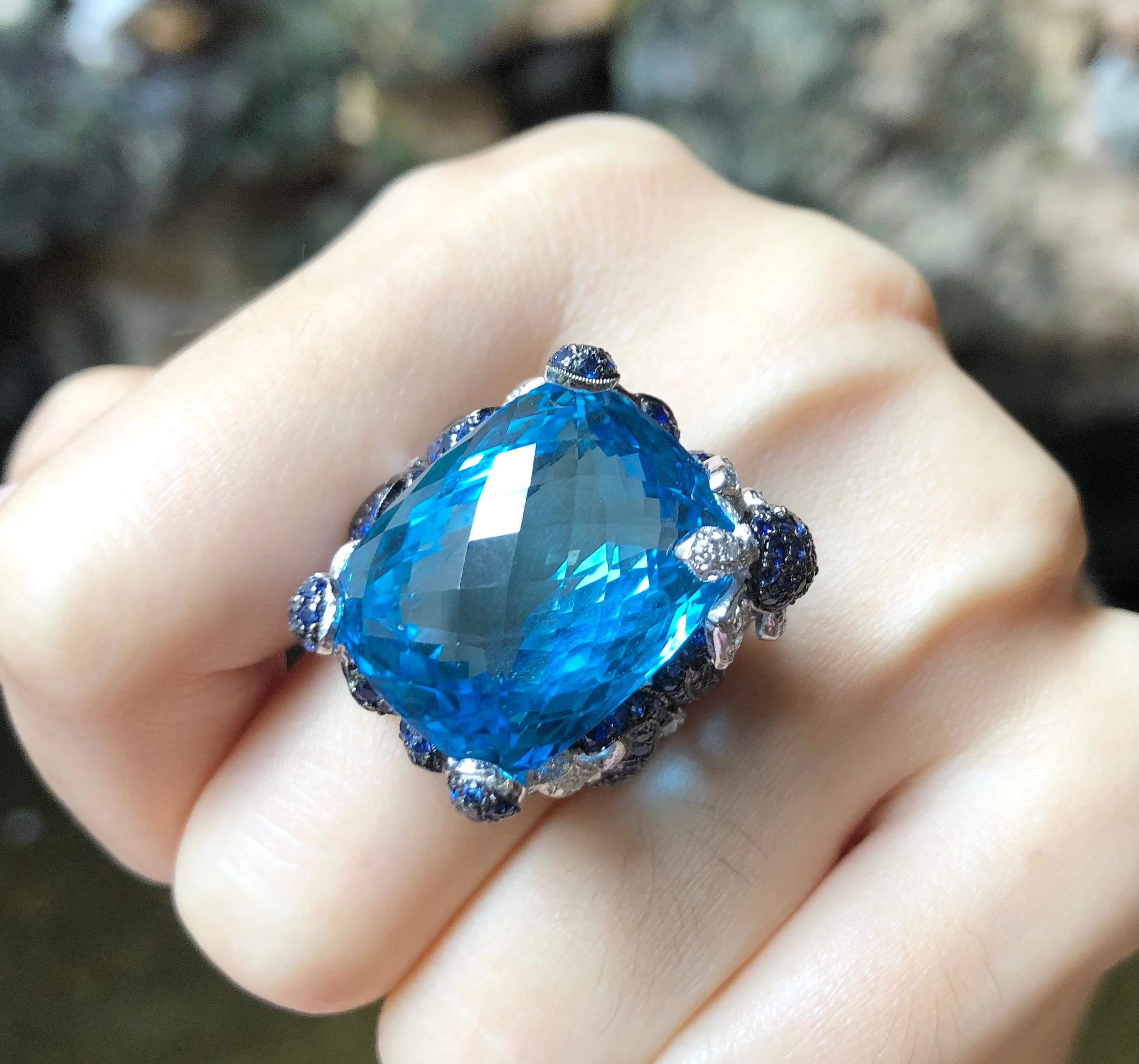 Women's or Men's Blue Topaz with Blue Sapphire and Diamond Ring in 18 Karat White Gold Settings For Sale