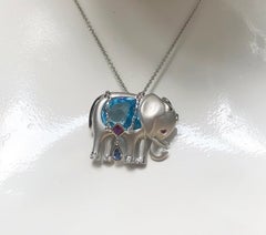 Blue Topaz with Blue Sapphire, Emerald Elephant Brooch/Pendant in 18K White Gold