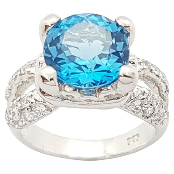 Blue Topaz with Cubic Zirconia Ring set in Silver Settings For Sale