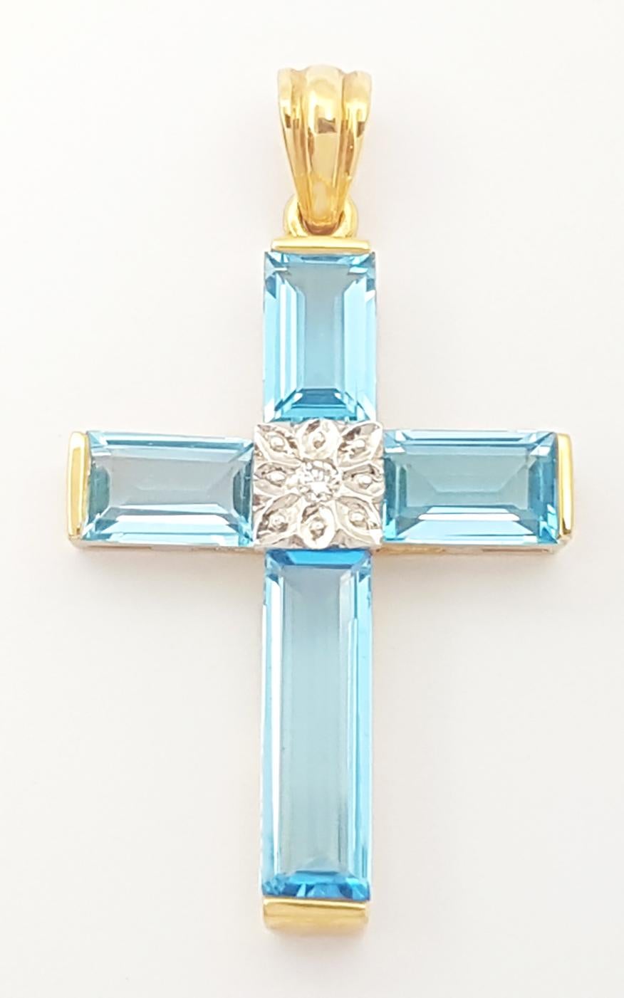 Contemporary Blue Topaz with Diamond Cross Pendant set in 14K Gold Settings For Sale