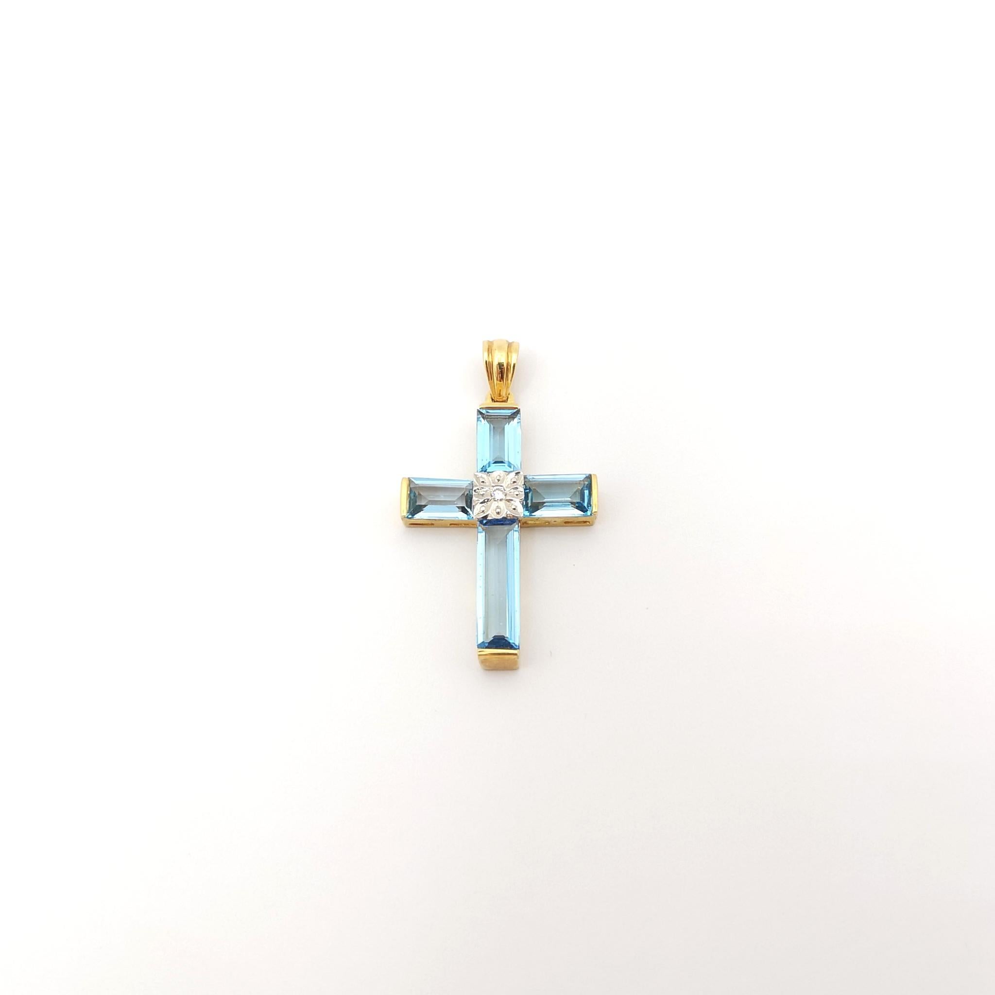 Emerald Cut Blue Topaz with Diamond Cross Pendant set in 14K Gold Settings For Sale