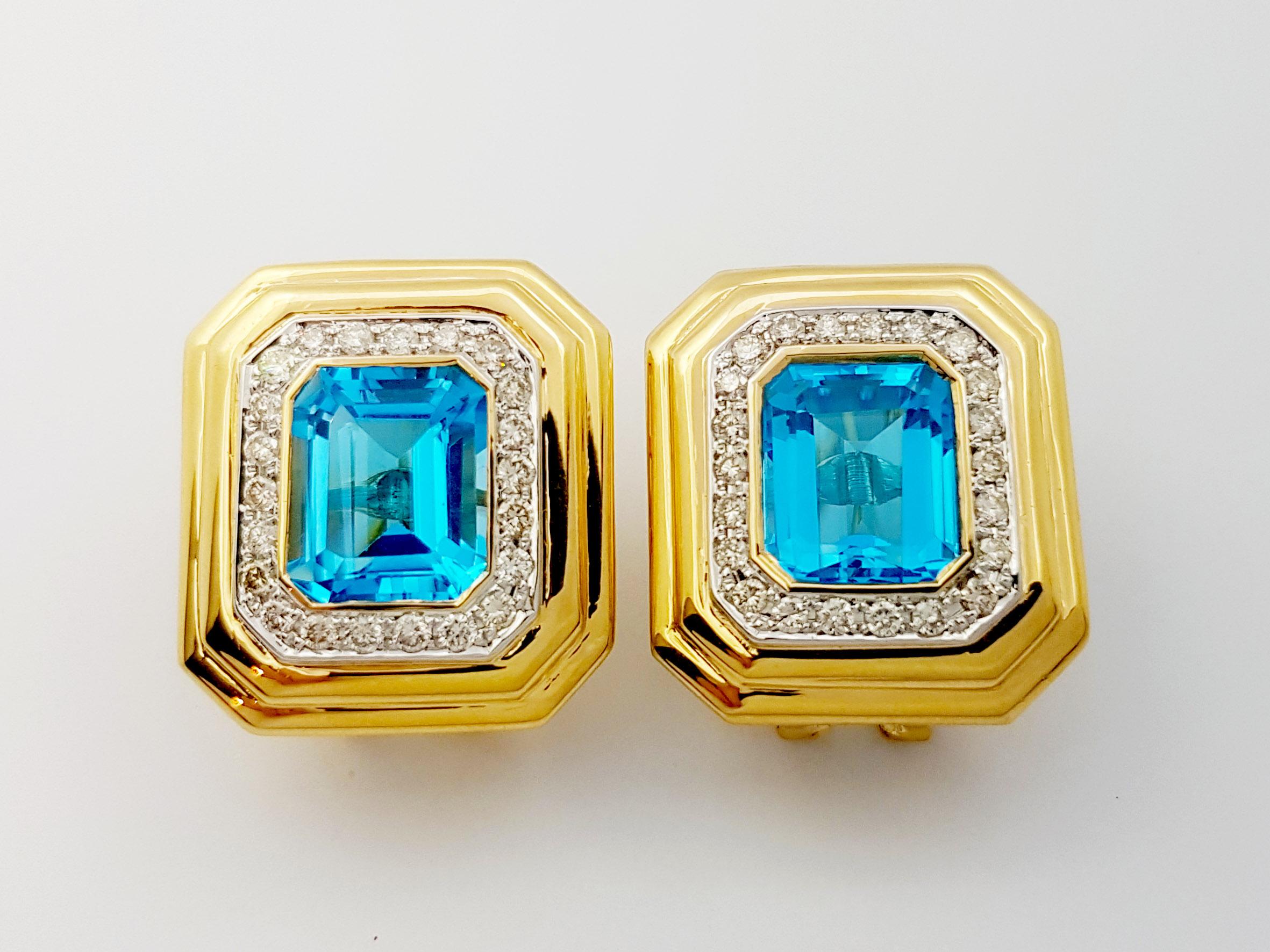 Blue Topaz 15.28 carats with Diamond 1.28 carats Earrings set in 14K Gold Settings

Width: 2.2 cm 
Length: 2.6 cm
Total Weight: 25.10 grams

