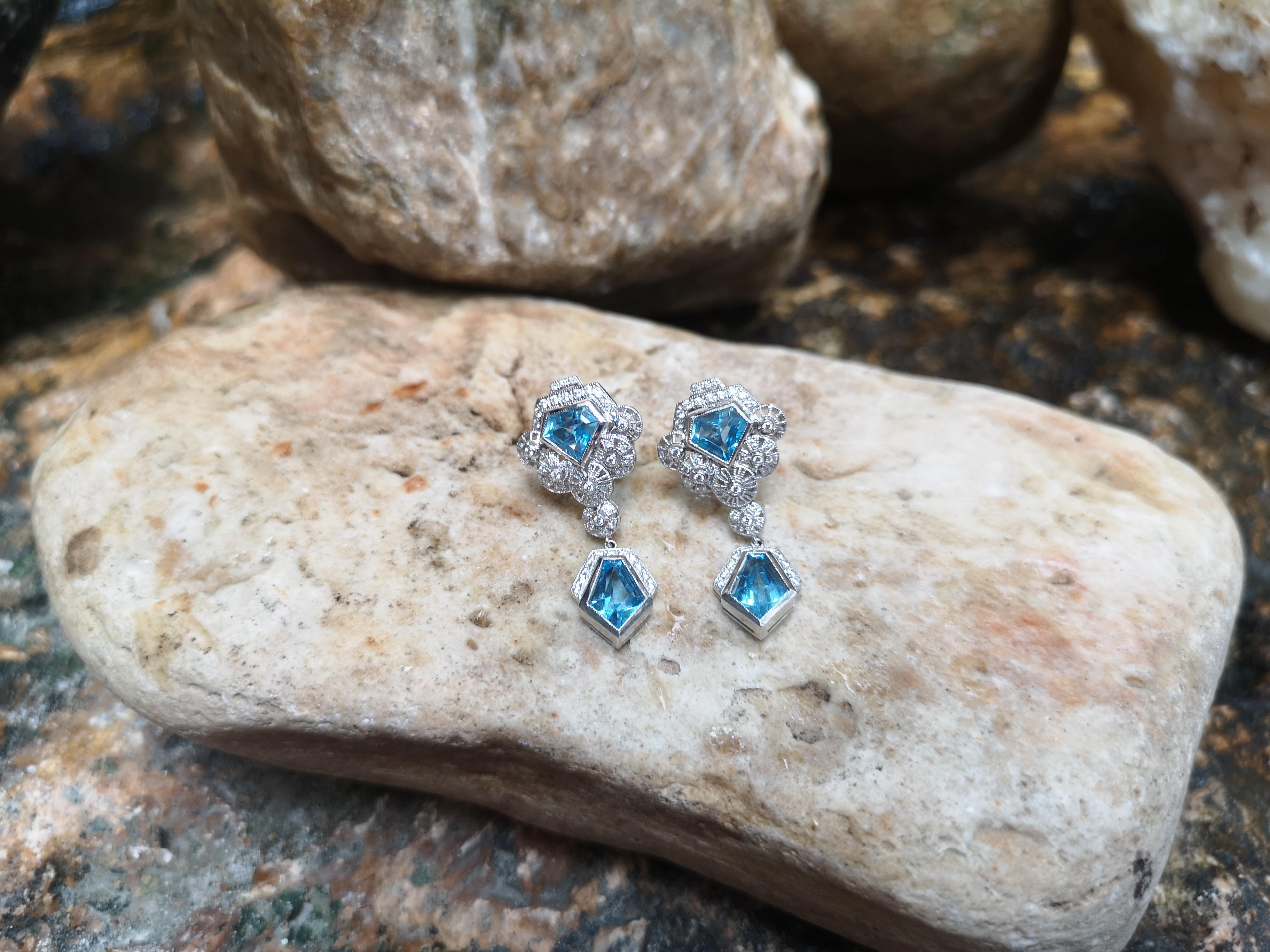 Edwardian Blue Topaz with Diamond Earrings Set in 18 Karat White Gold Settings For Sale