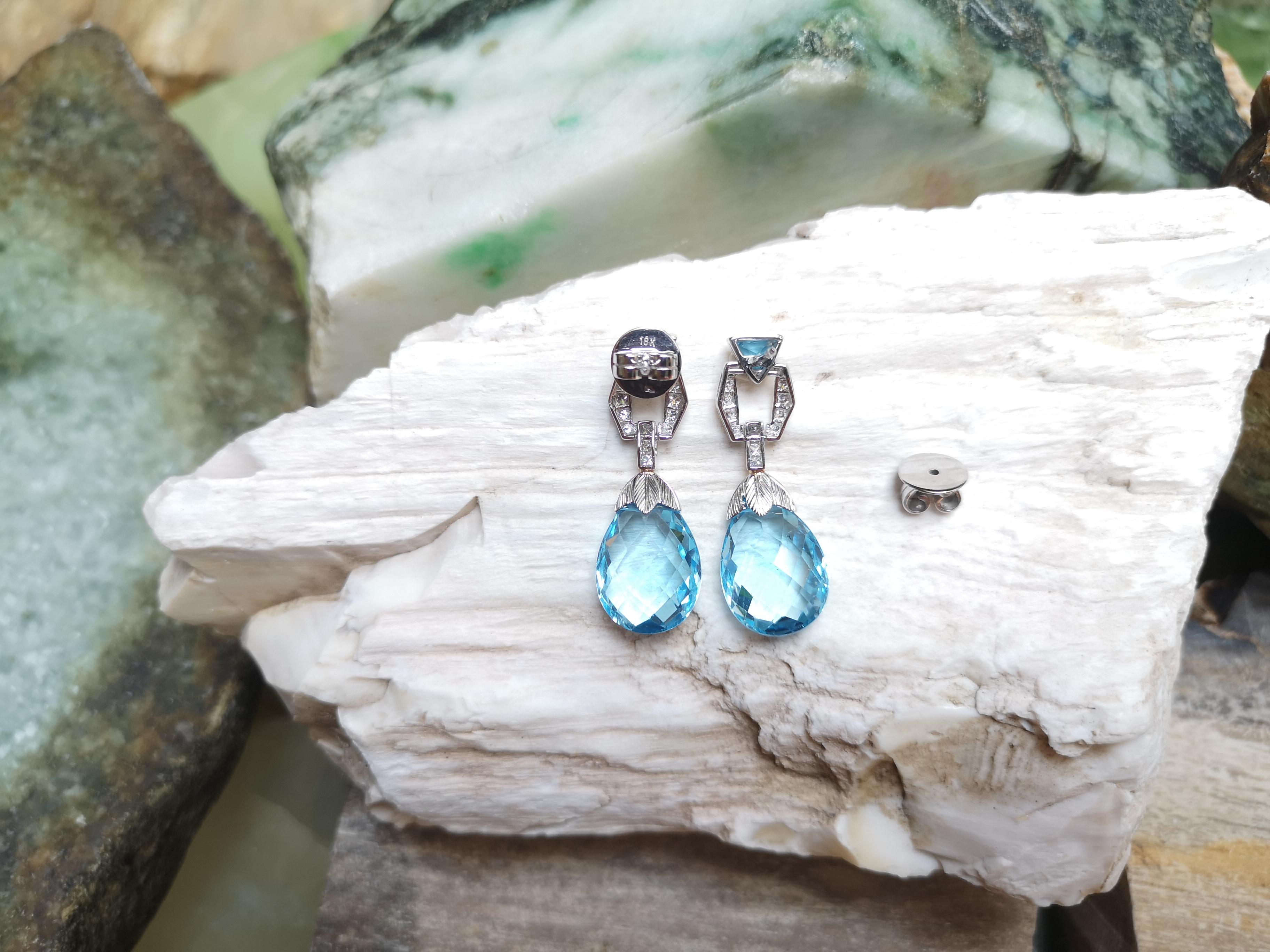 Mixed Cut Blue Topaz with Diamond Earrings Set in 18 Karat White Gold Settings For Sale