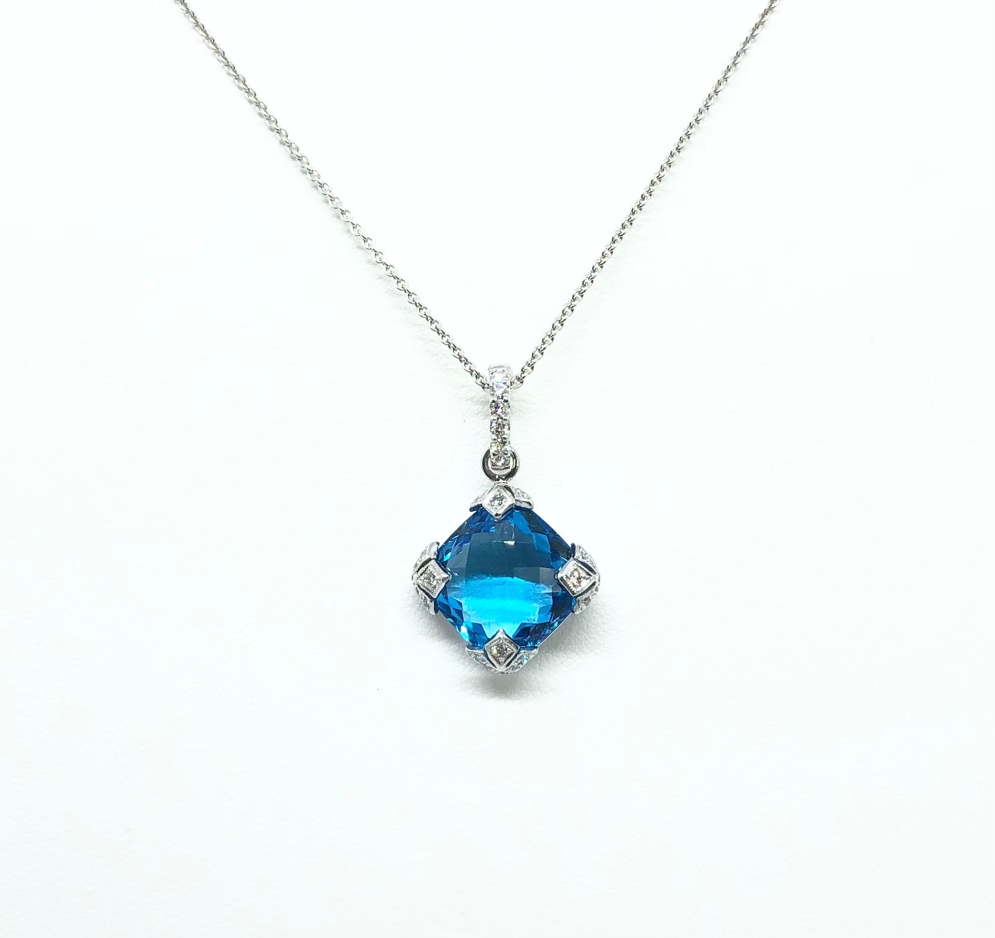 Blue Topaz 10.63 carats with Diamond 0.10 carat Pendant set in 18 Karat White Gold Settings
(chain not included)

Width: 1.5 cm 
Length: 3.0 cm
Total Weight: 5.36  grams

