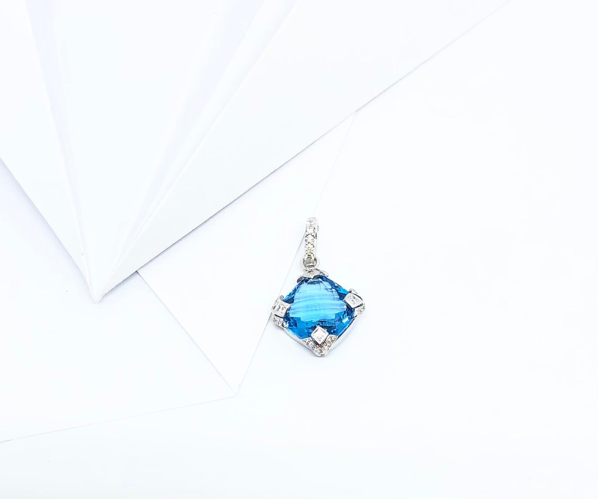 Contemporary Blue Topaz with Diamond Pendant Set in 18 Karat White Gold Settings For Sale