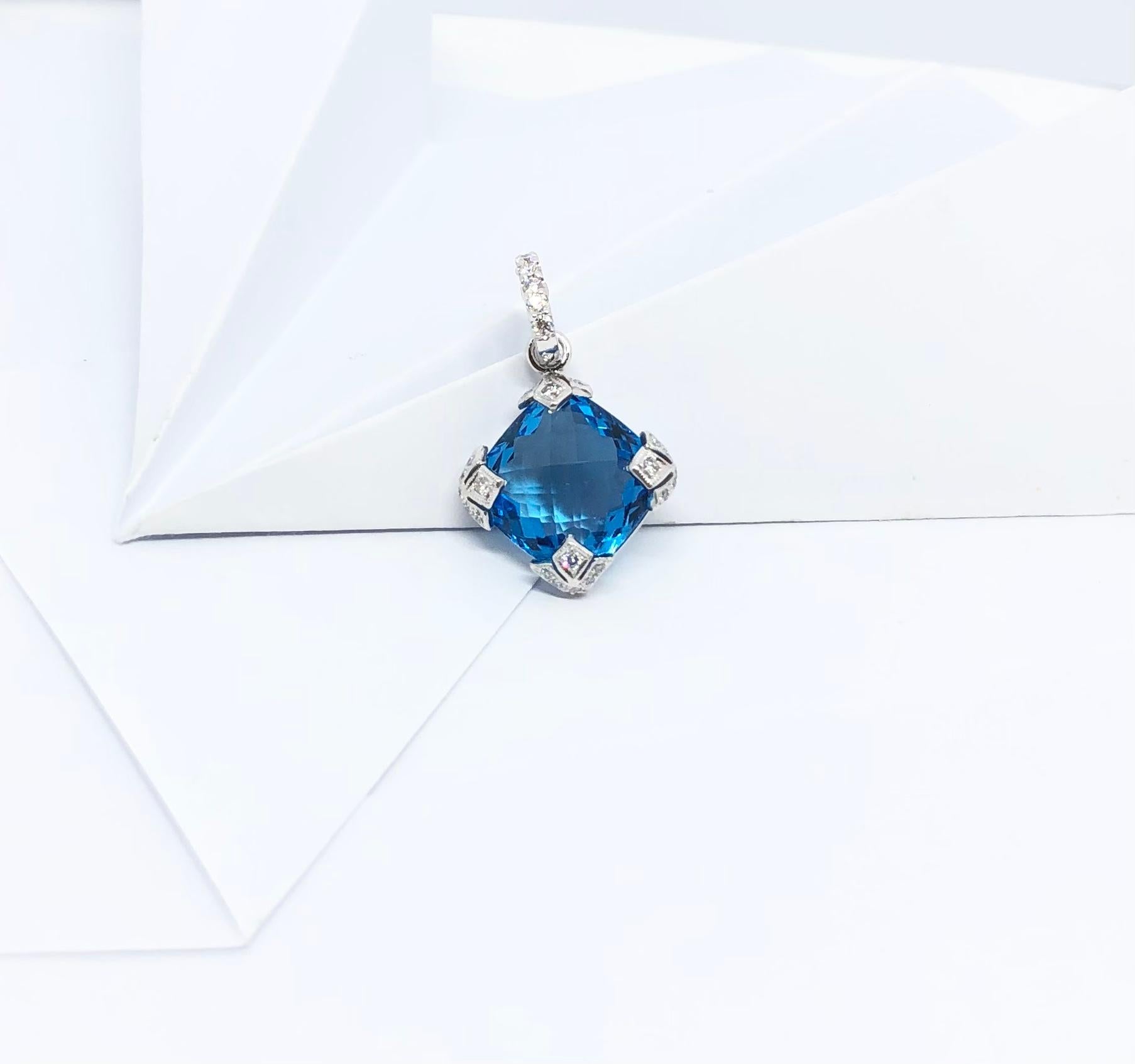 Blue Topaz with Diamond Pendant Set in 18 Karat White Gold Settings For Sale 3