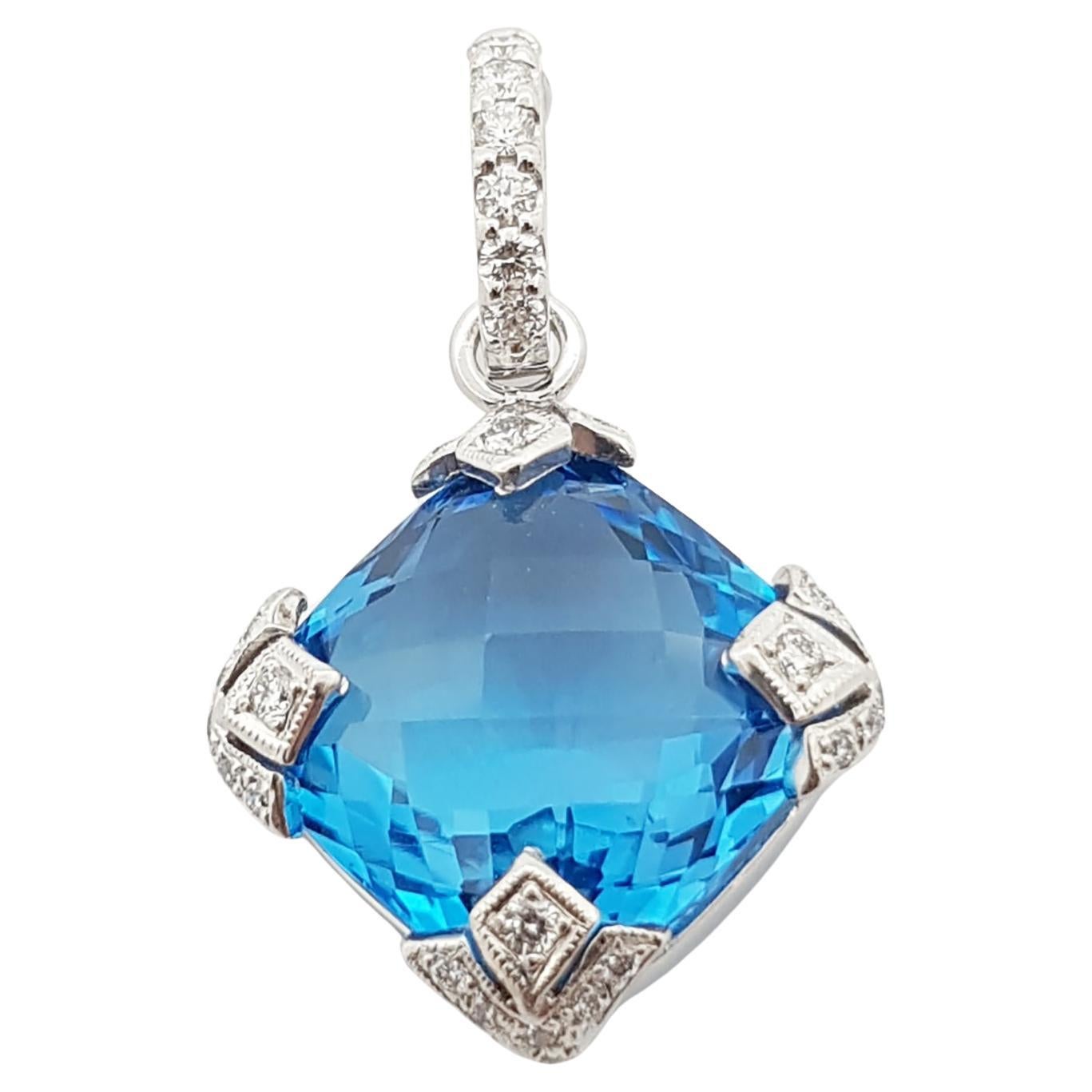 Blue Topaz with Diamond Pendant Set in 18 Karat White Gold Settings For Sale