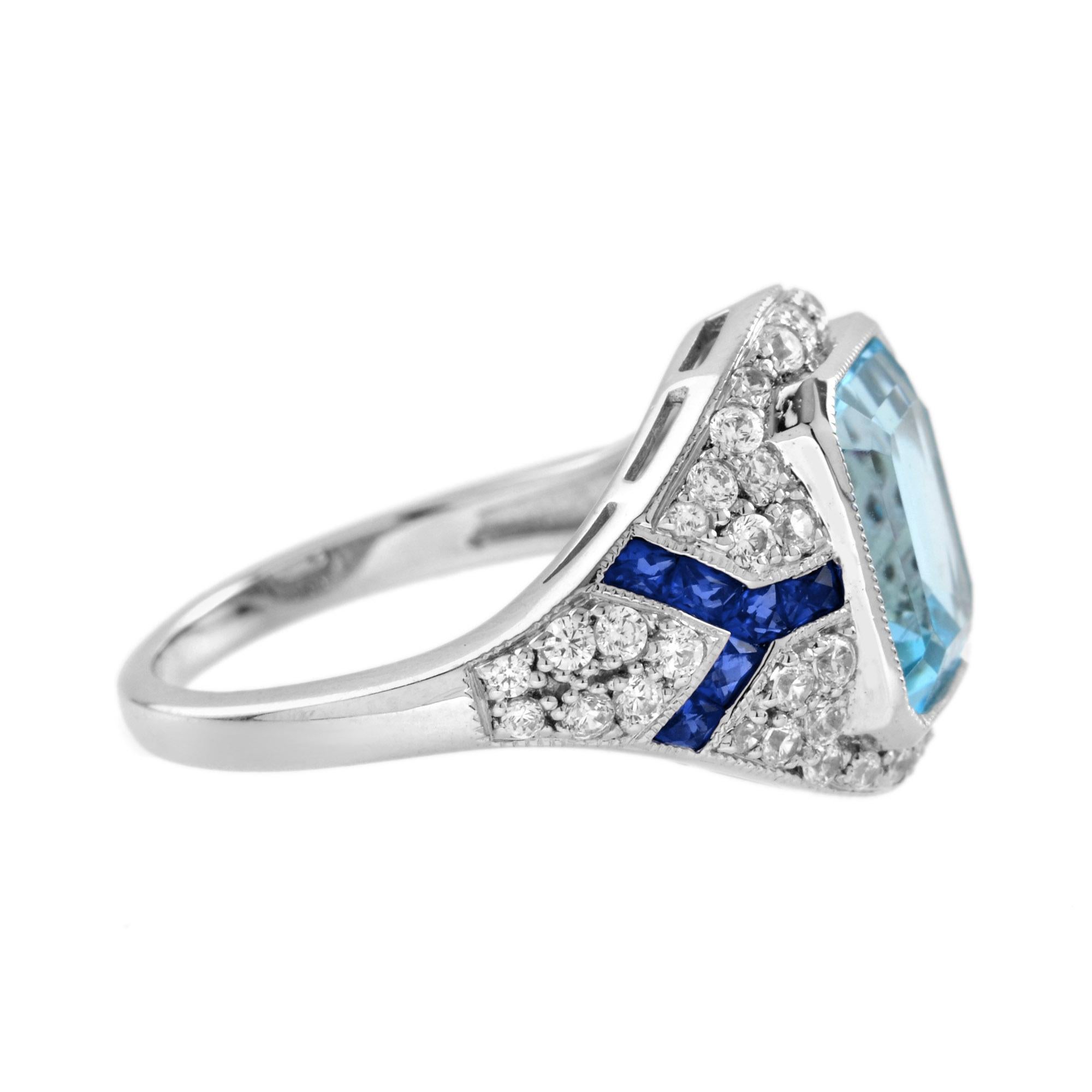 Emerald Cut Blue Topaz with Diamond Sapphire Art Deco Style Engagement Ring in 18k Gold For Sale