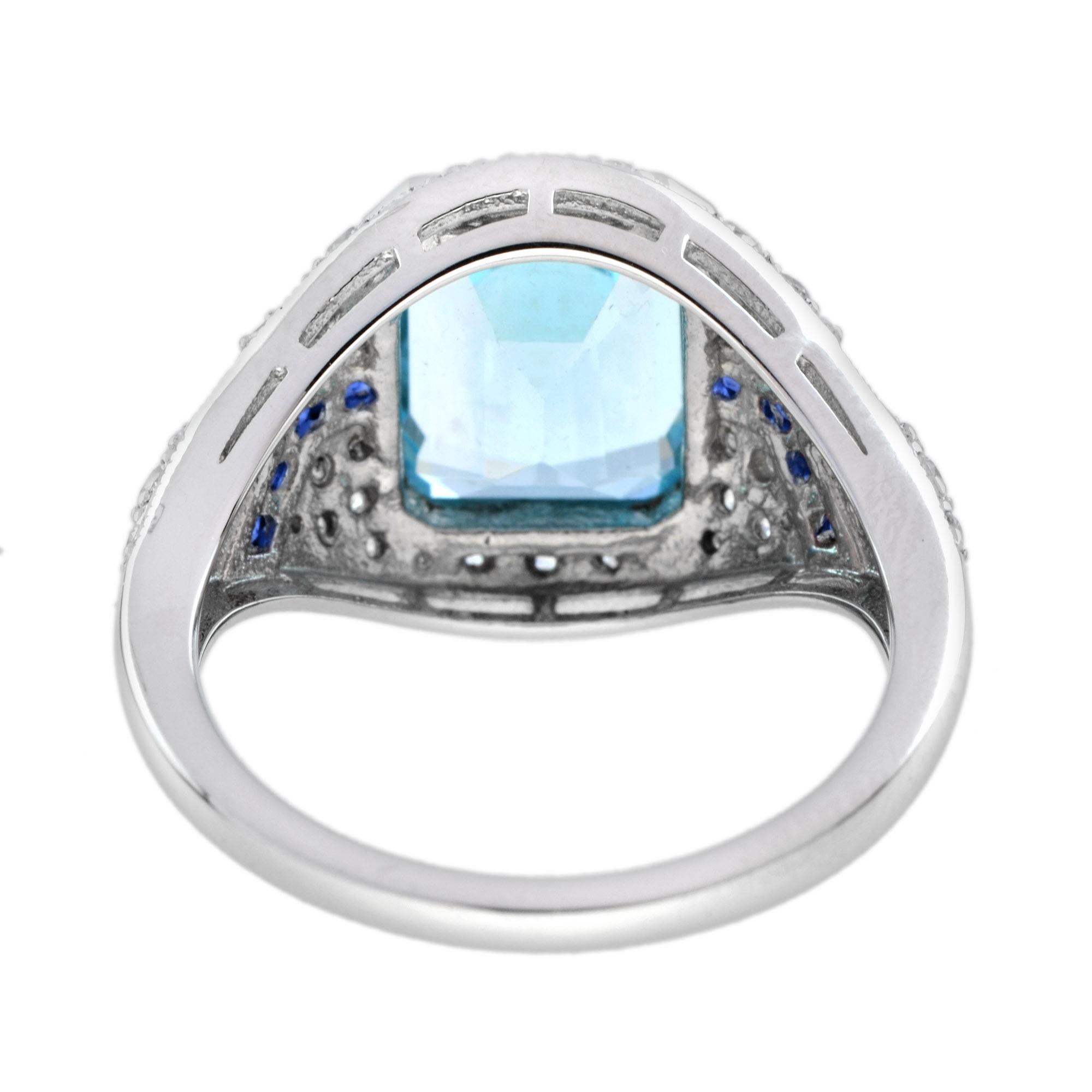 Blue Topaz with Diamond Sapphire Art Deco Style Engagement Ring in 18k Gold In New Condition For Sale In Bangkok, TH