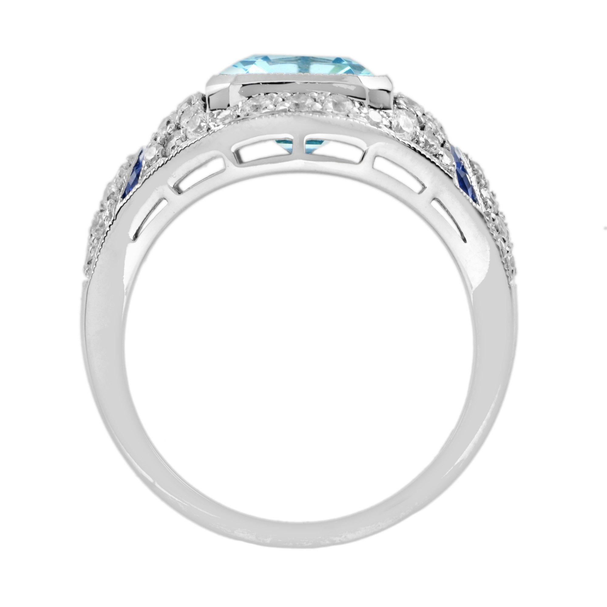 Women's or Men's Blue Topaz with Diamond Sapphire Art Deco Style Engagement Ring in 18k Gold For Sale