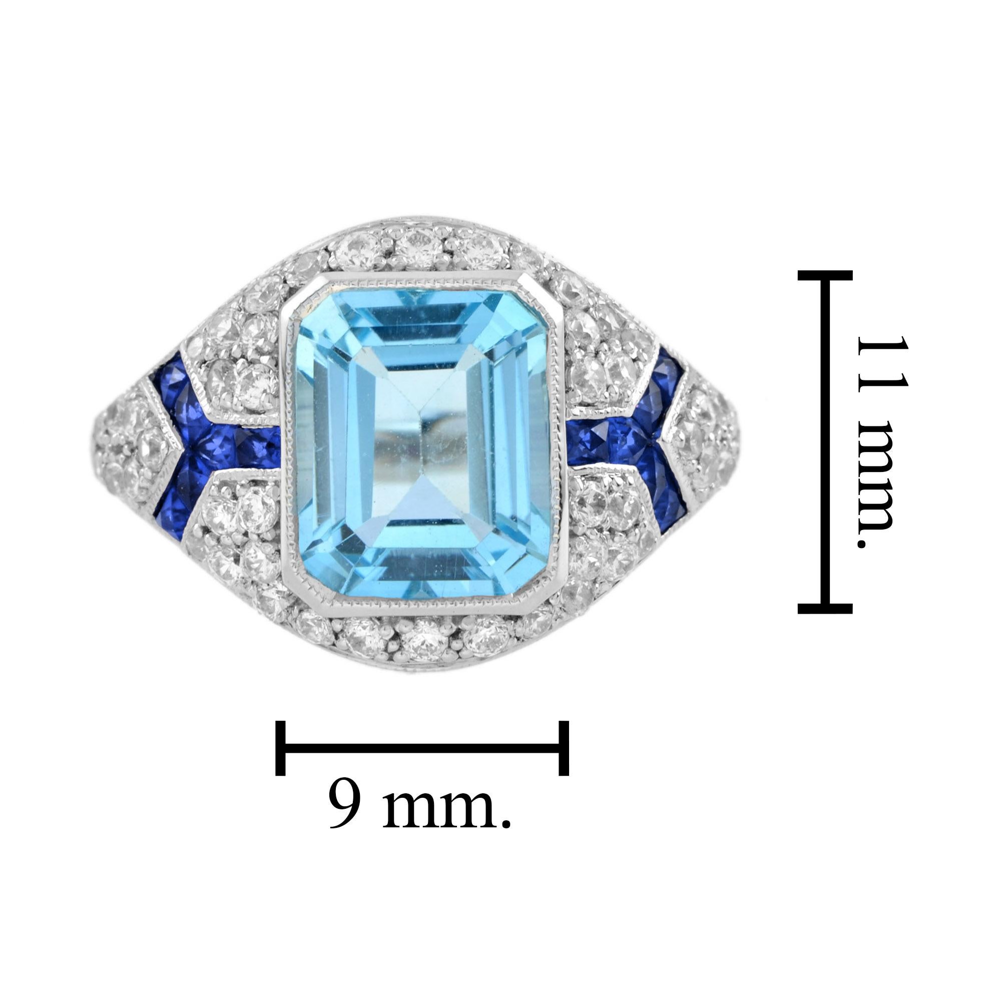 Blue Topaz with Diamond Sapphire Art Deco Style Engagement Ring in 18k Gold For Sale 1