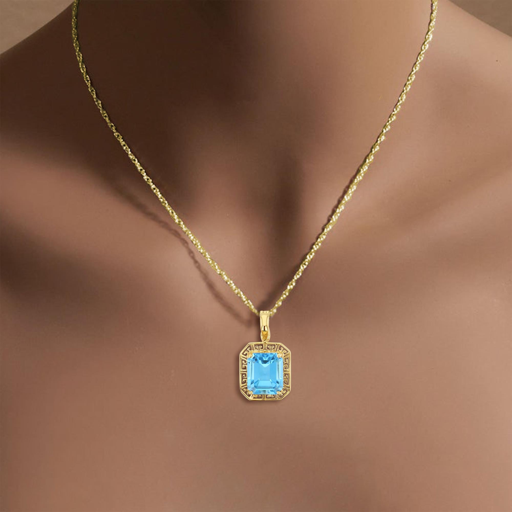 ♥ Product Summary ♥

Main Stone: Blue Topaz
Topaz Dimensions: 11mm x 9mm
Stone Cut: Emerald
Metal Choice: 14K Yellow Gold
Dimensions: 26mm x 14mm with enhanced bail
Weight: 3 grams
Chain: 18