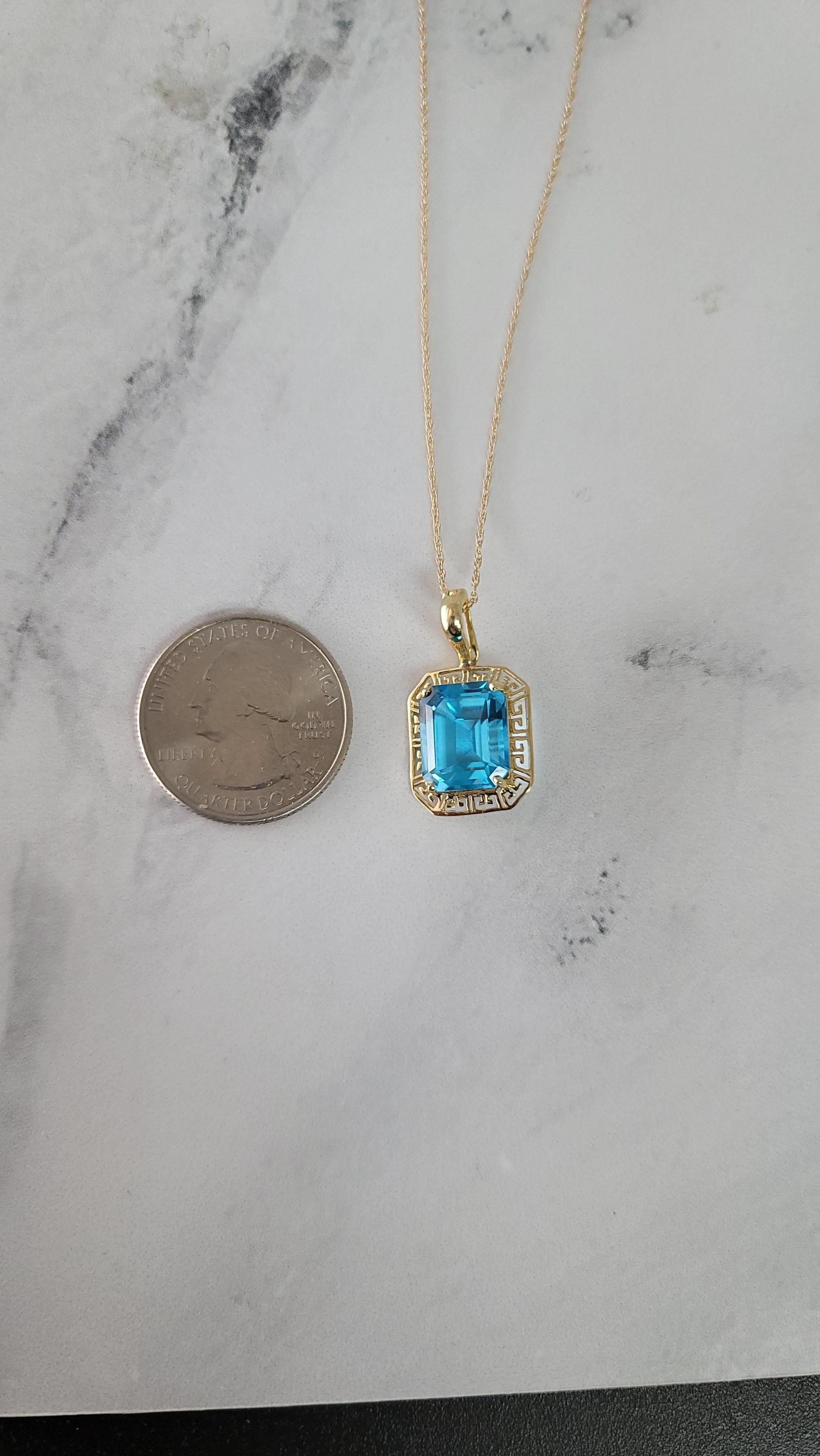 Women's or Men's Blue Topaz with Gold Greek Key Bezel Necklace For Sale