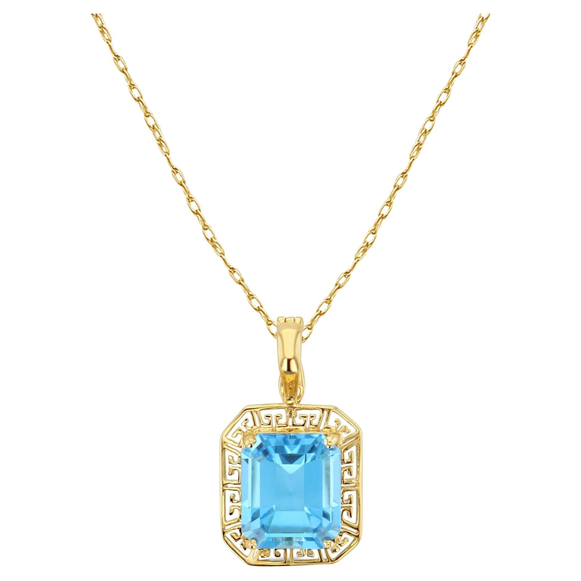 Blue Topaz with Gold Greek Key Bezel Necklace