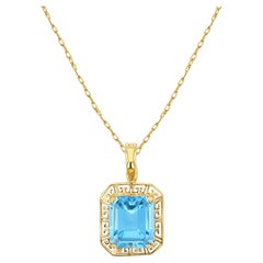 Blue Topaz with Gold Greek Key Bezel Necklace