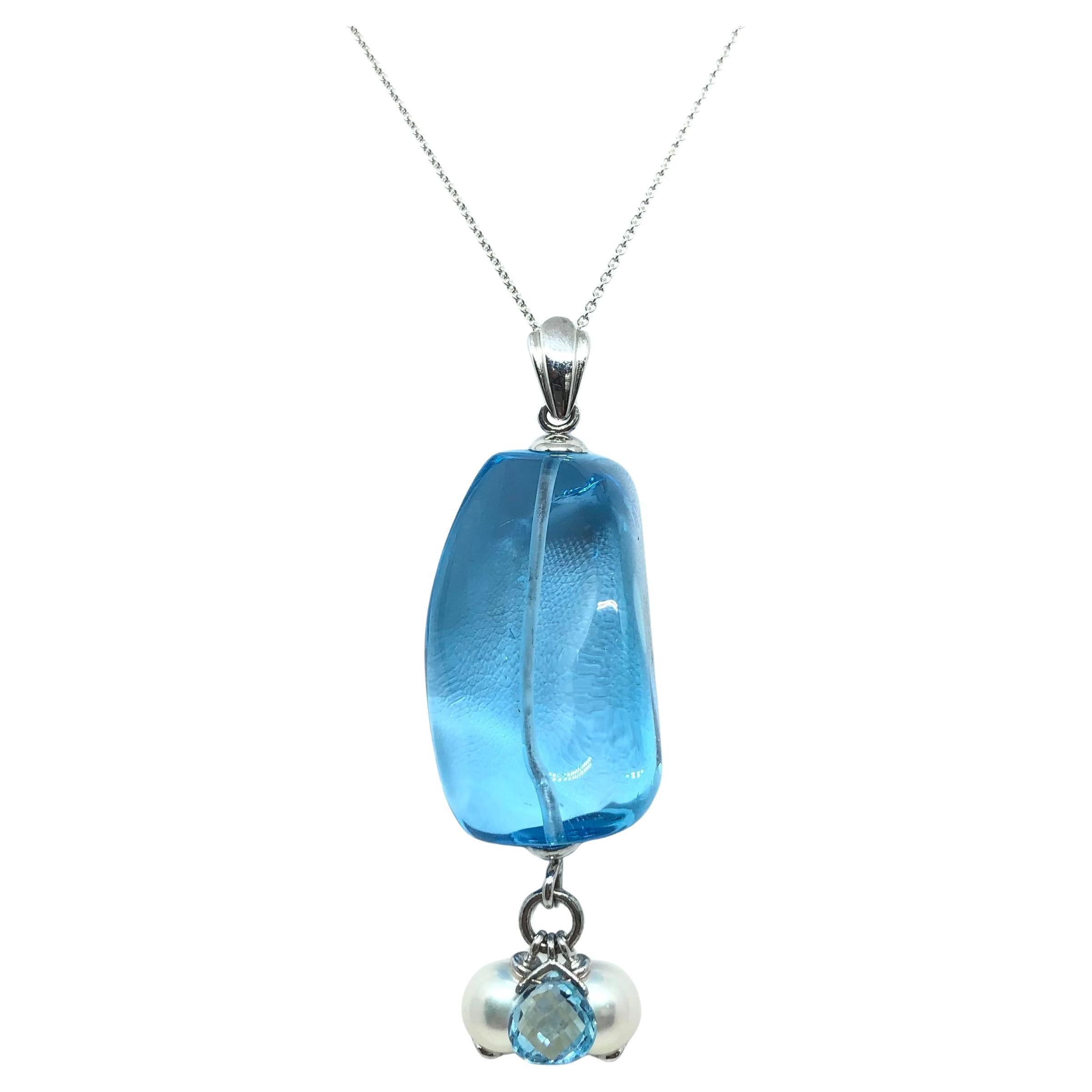 Blue Topaz with Pearl and Blue Topaz Pendant set in 18 Karat White Gold Settings